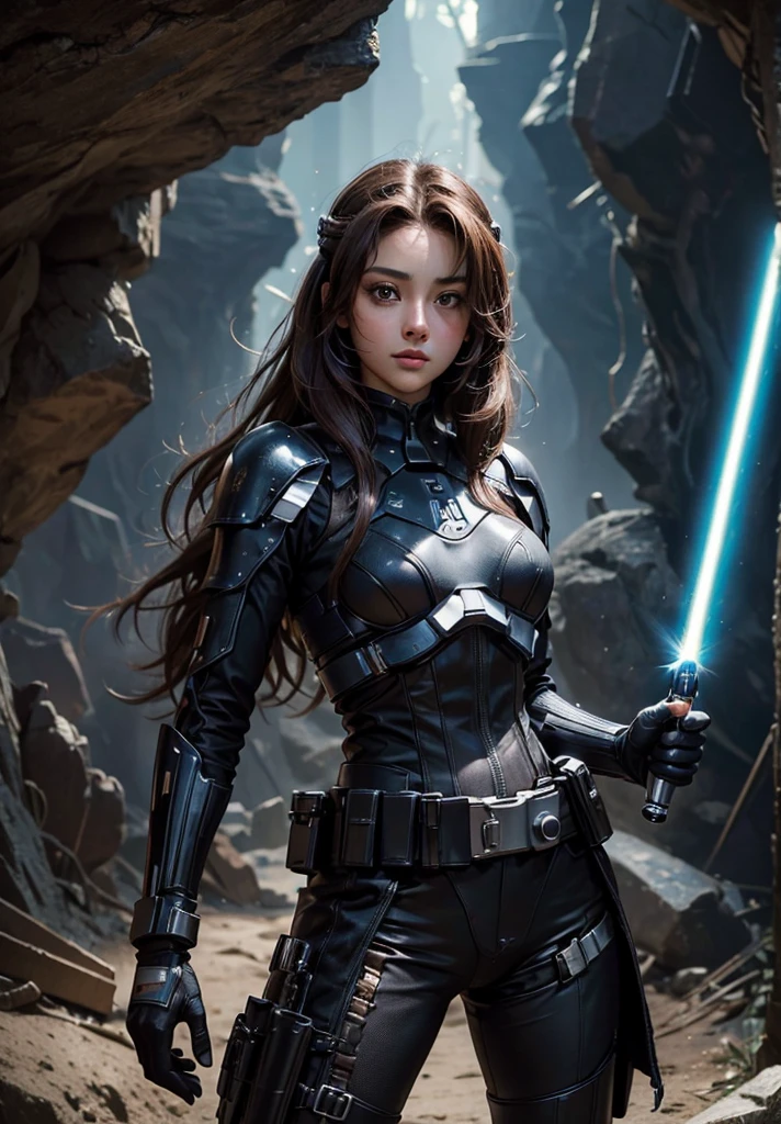 Close-up image of the upper body.Wide々A beautiful woman with a lightsaber stands in a cave.. dark brown hair. long hair.Wearing a black metallic combat uniform. . 8K quality. masterpiece.Ariana Grande