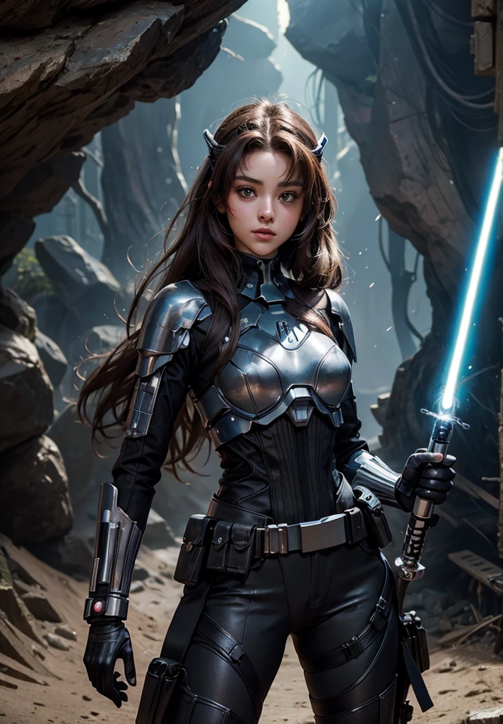 Close-up image of the upper body.Wide々A beautiful woman with a lightsaber stands in a cave.. dark brown hair. long hair.Wearing a black metallic combat uniform. . 8K quality. masterpiece.Ariana Grande