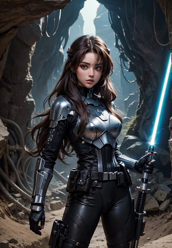 Close-up image of the upper body.Wide々A beautiful woman with a lightsaber stands in a cave.. dark brown hair. long hair.Wearing a black metallic combat uniform. . 8K quality. masterpiece.Ariana Grande