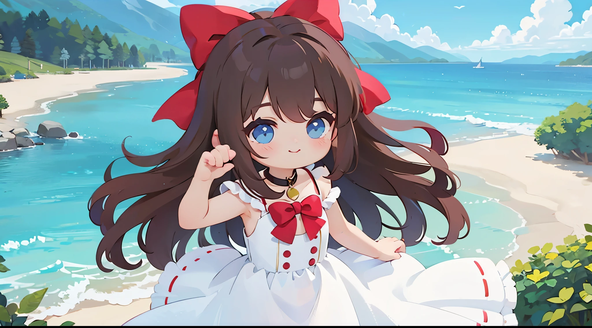 (long hair), (Wavy hair), (white dress with collar), ((bow on the head)), ((masterpiece)), ((best quality)), ((ultra-detailed)), (girl), solo, smiling, (lake)