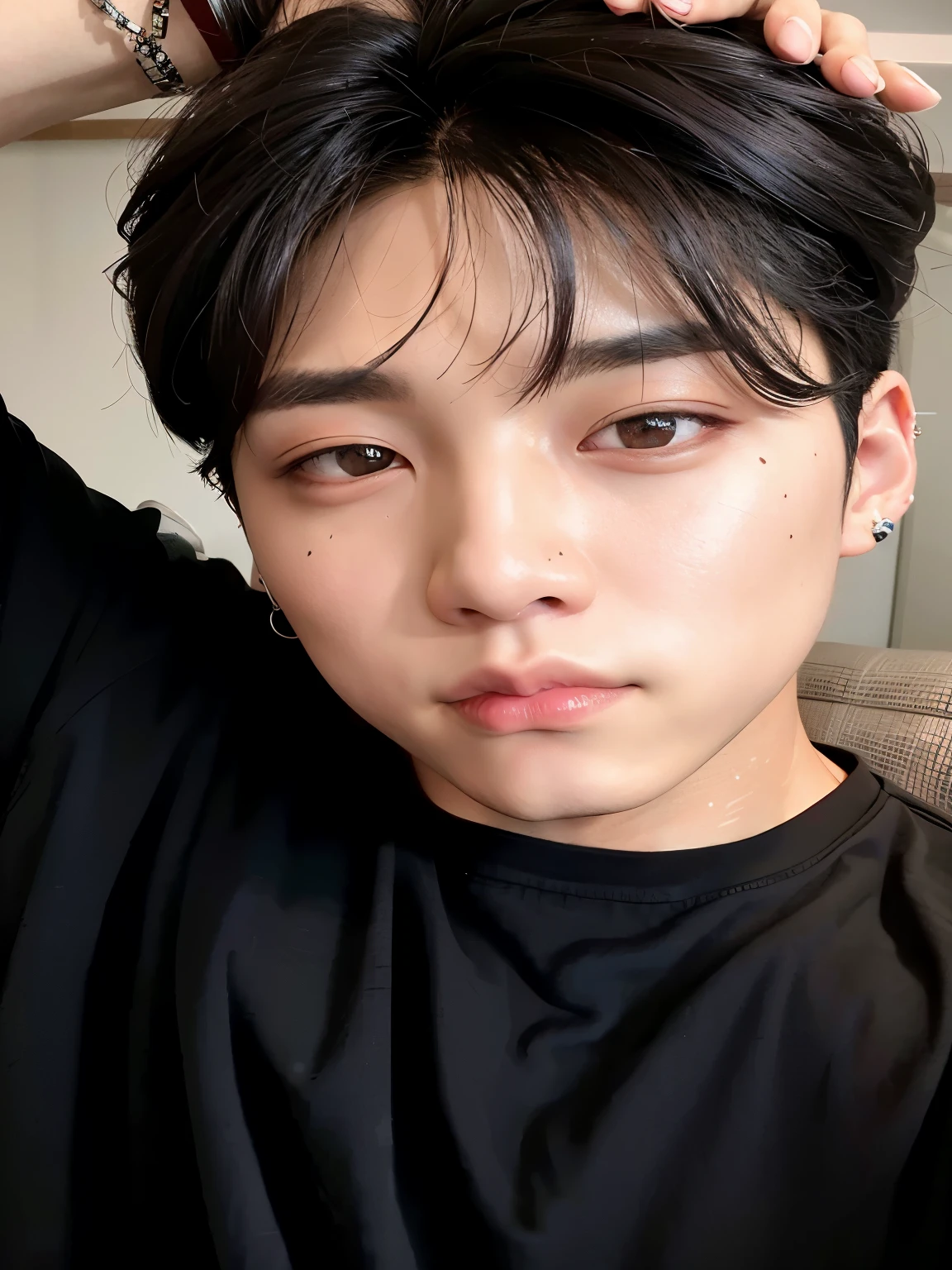 Arafed Asian man in a black shirt and a black shirt, adorable and pale korean face jeon jungkook right eyelid is swollen, rosto perfeito e garoto, jungkook, homem sul-coreano, jungkook, Korean facial features, young lovely korean face, jungkook, rosto bonito