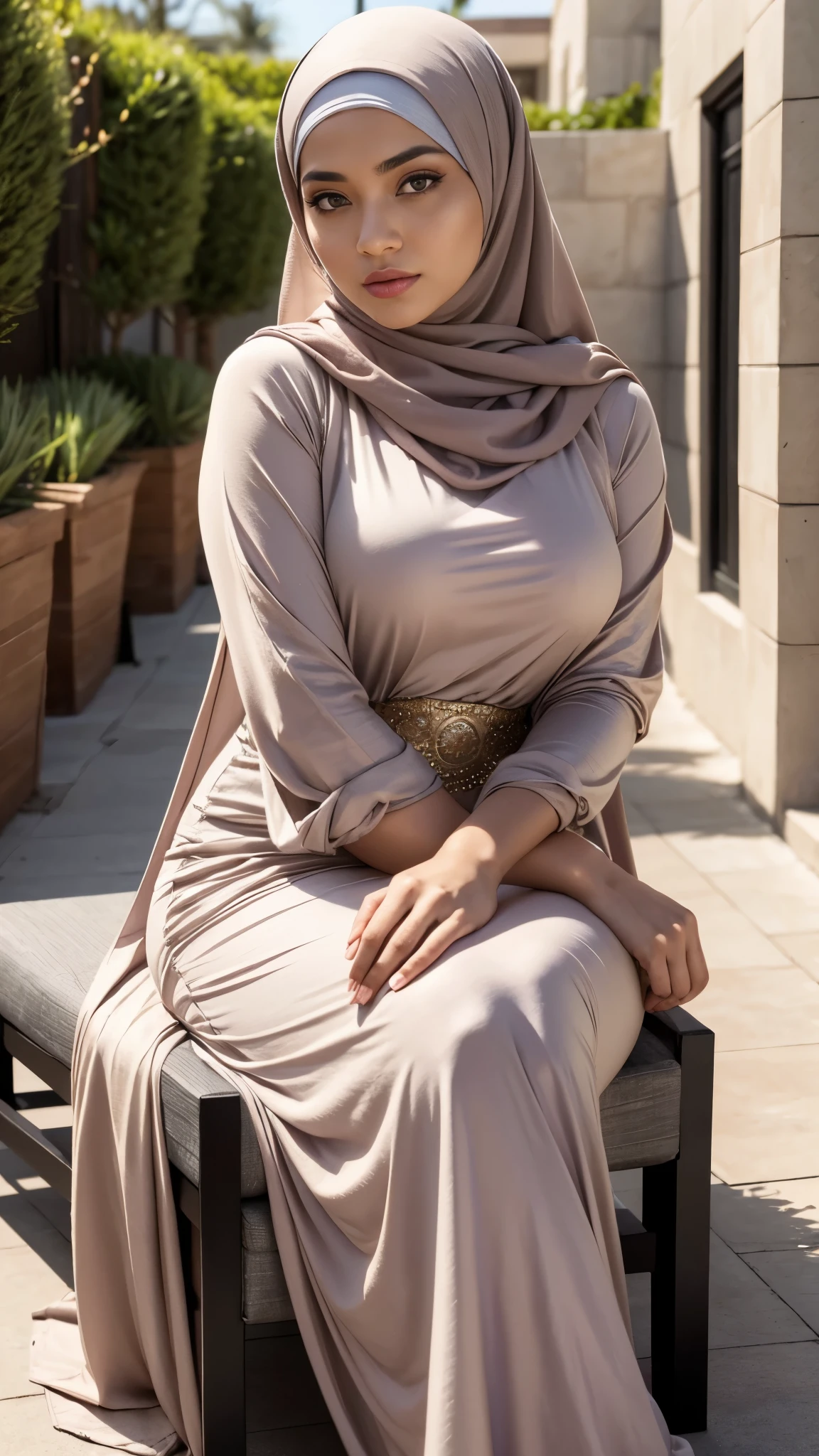 (Best quality, high resolution, masterpiece: 1.3), a beautiful malay woman in hijab, big breasts, perfect fit body, sweatshirt, beautifully presented details in the street and facial and skin texture, detailed eyes, double eyelids, big eyeschest visible, woman sitting on a chair in a store wearing a long dress, modest flowing gown, long dress female, multilayered outfit, actress, hijab, inspired by Nazmi Ziya Güran, femme, wearing an elegant dress, taupe, wearing a long flowy fabric, inspired by Shaddy Safadi, inspired by Fathi Hassan 