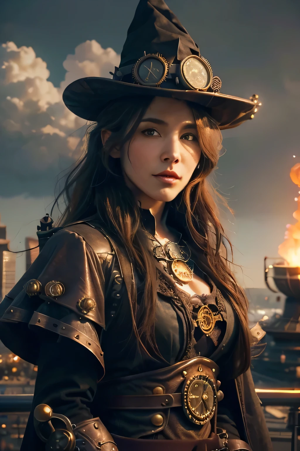 sorcière au look steampunk, coiffure steampunk, longue coiffure brune, regard de météorologue, Visage réaliste, très détaillé eyes, sexy, longue cape de sorcier, éléments météorologiques magiques, le tonnerre frappe la Space Needle de Seattle, Look steampunk de Seattle, tenue steampunk, tenue de sorcier, fantastique et steampunk, portrait, très détaillé, 4k,