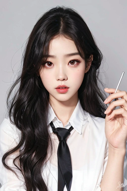 hay una mujer con el pelo largo y una corbata sosteniendo un palillo, maquillaje popular de corea del sur, ulzzang, cruel korean gothic girl, muchacha coreana, maquillaje coreano popular, hermosa mujer surcoreana, retrato de jisoo rosa negro, jisoo de blackpink, jennie rosa negro, Jisoo de Blackpink, jaeyeon nam, hermosa joven coreana, retrato de jossi de blackpink, korean idol