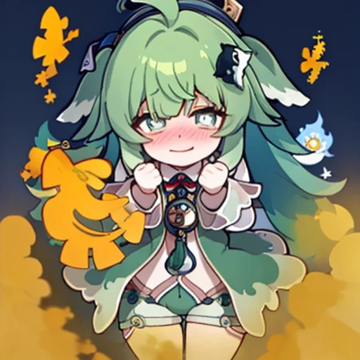 Highest image quality、(master piece:1.2)、detailed、Huo Huo、1 girl、solo、green hair、fart、Are standing、green eyes、brown shorts、Shy personality、scared、pale tail、Gas comes out of the butt、lots of gas、blush、shyness、Satisfied smile、stick out your butt、Hold your buttocks with your hands