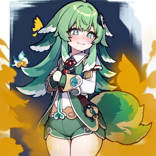 Highest image quality、(master piece:1.2)、detailed、Huo Huo、1 girl、solo、green hair、fart、Are standing、green eyes、brown shorts、Shy personality、scared、pale tail、Gas comes out of the butt、lots of gas、blush、shyness、Satisfied smile、stick out your butt、Hold your buttocks with your hands