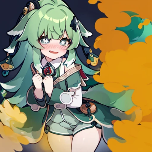 Highest image quality、(master piece:1.2)、detailed、Huo Huo、1 girl、solo、green hair、fart、Are standing、green eyes、brown shorts、Shy personality、scared、pale tail、Gas comes out of the butt、lots of gas、blush、shyness、Satisfied smile、stick out your butt、Hold your buttocks with your hands