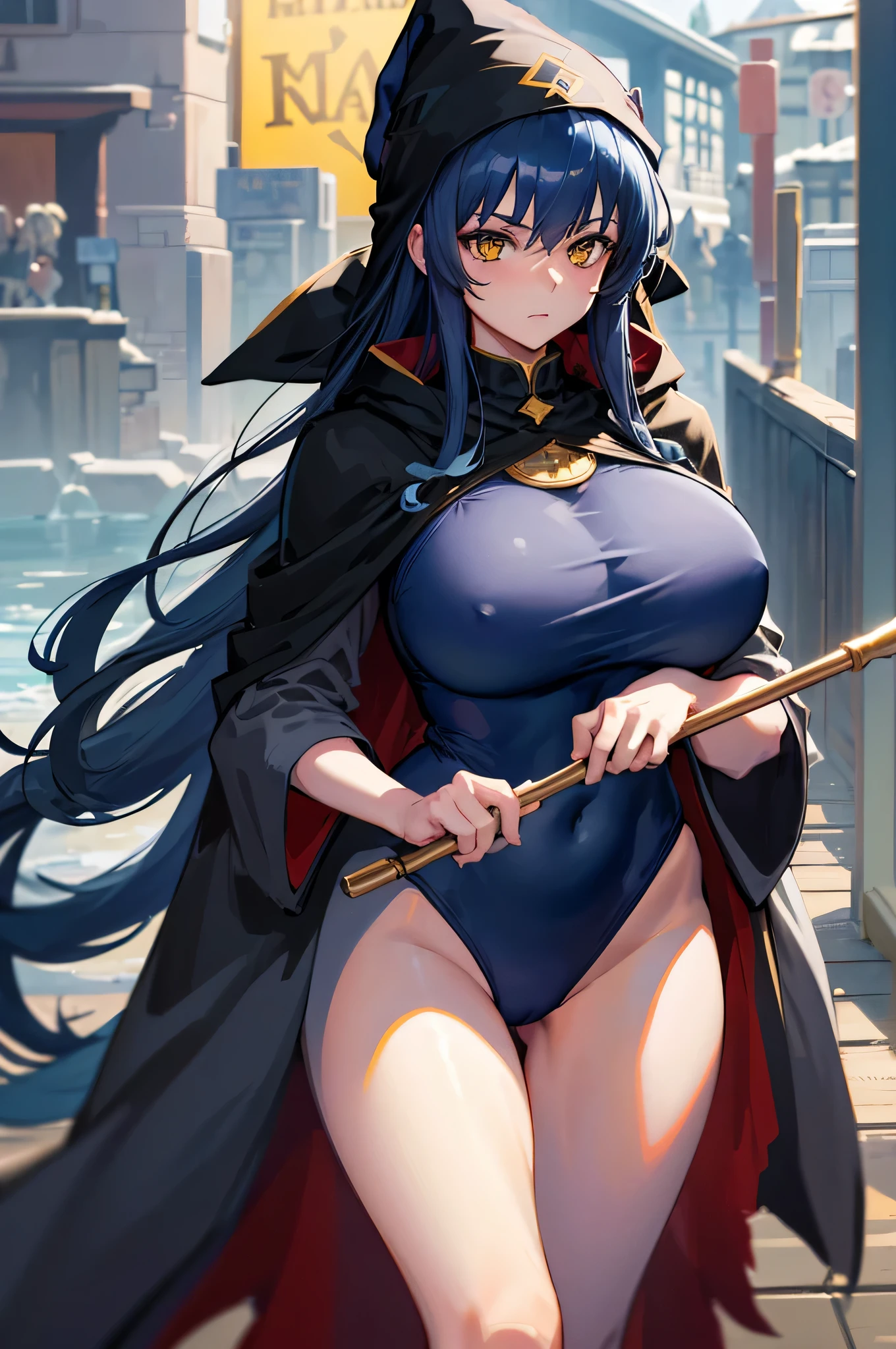 4K,High resolution,one woman,dark blue hair,long hair,yellow eyes,wizard,big breasts,gray tight school swimsuit,Gray cloak,Gray hat,wooden cane,medieval town