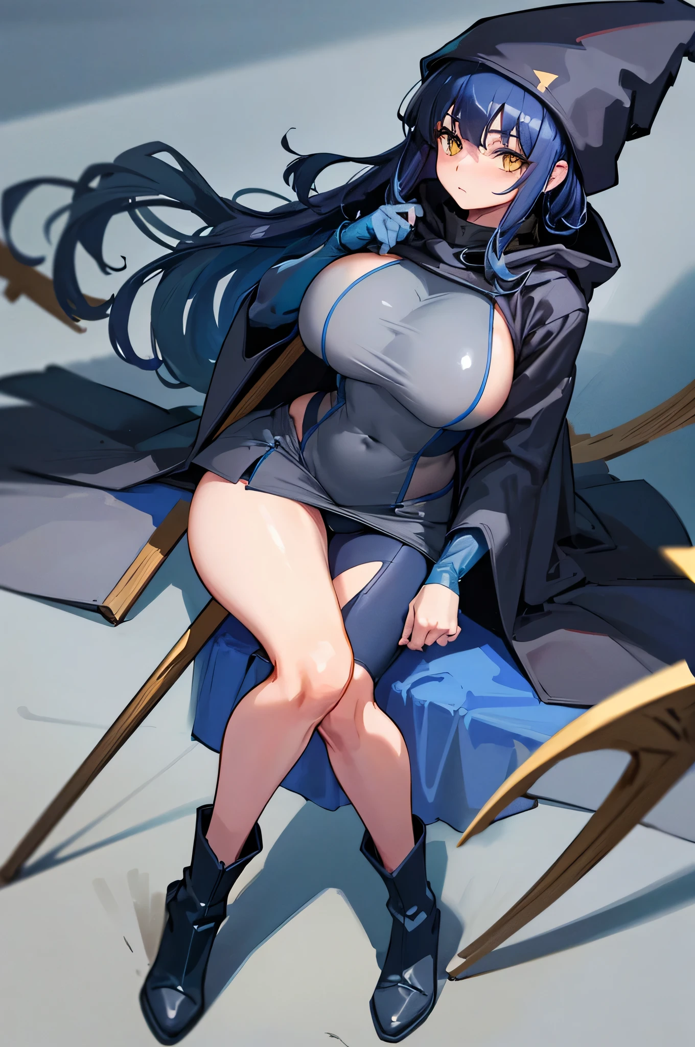4K,High resolution,one woman,dark blue hair,long hair,yellow eyes,wizard,,gray tight school swimsuit,Grey boots,Gray cloak,Gray hat,wooden cane,medieval town