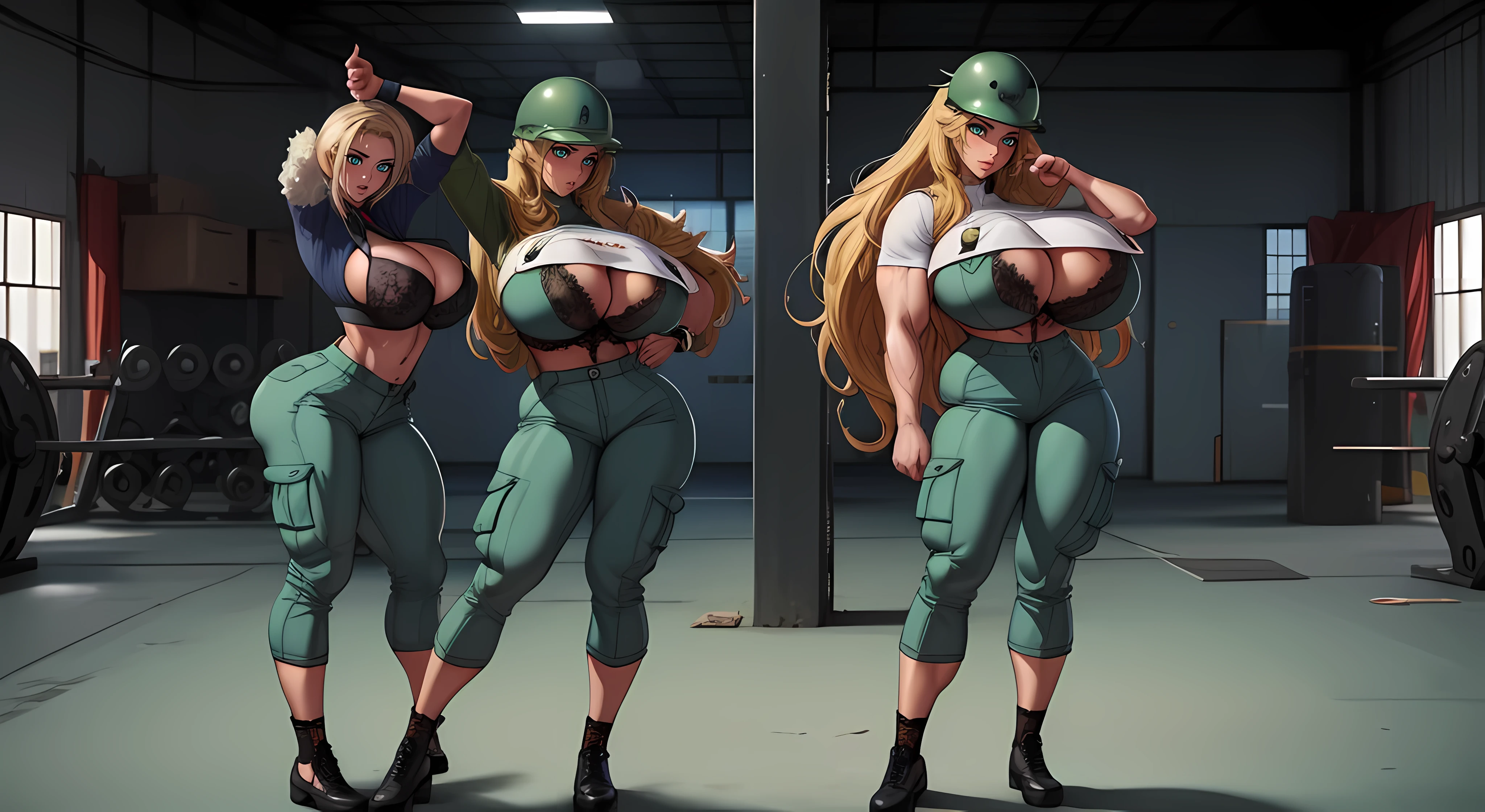 SOLO, ALONE,((pointing:1.4)), (sexy ((female soldier1.6))), ((green combat helmet helmet:1.5)) wearing ((khaki cargo pants:1.4)), (perfect face), detailed face, (symmetrical eyes), perfect nose, ((open cargo vest:1.3)), wearing ((lace bra:1.4)) that barely covers the , ((gigantic breasts:1.5)) ((blonde curly hair)) analog style posing against a military tank, (dimlit)1.2, (film grain)1.2, cinematic movie still frame, (large lips, bimbo style, perfect eyebrows)((thepit style:1.4)), (((accurate anatomy))), ((wide hips)), (((Huge breasts))), ((long legs)), ((Massive Female Bodybuilder)), ((((Muscular Legs)))), ((((Huge Muscles))))