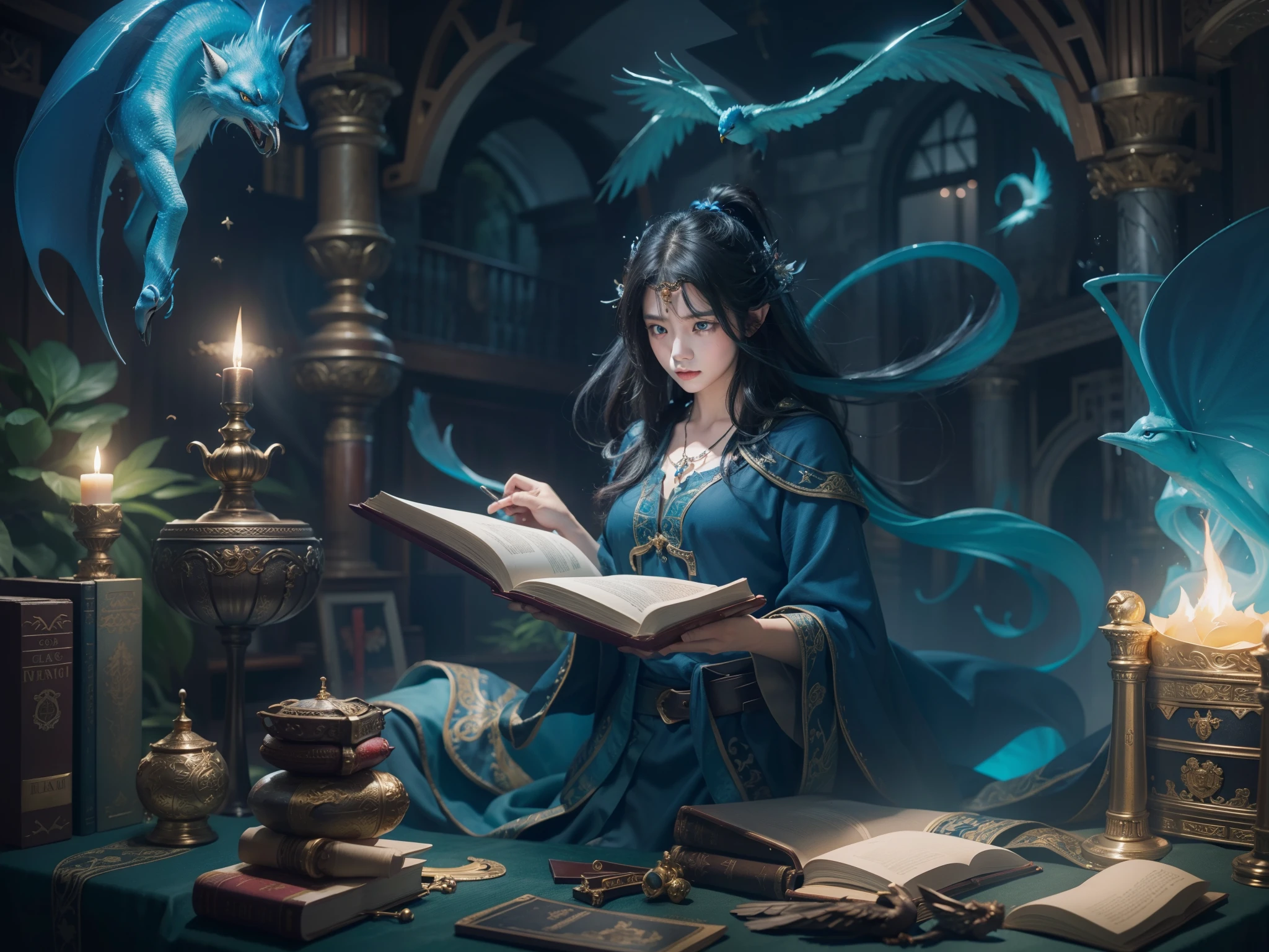 Magic book,Blood,night, dark, (fantasy),infinitude,dark blue sky,The abyss of knowledge,Cowlic,((on the table)), (((best quality))),((beautiful fine eyes)),(eyelash)、Beautiful girl riding a blue dragon、(1 girl)、The perfect human structure、black hair、long hair、abyss eyes、shiny skin、oil、、(bird body、Puma)、Wizard robes、in rags with、realistic jacket、tenchi、Elvish、Super exquisite CG Unity 32k wallpaper、Masterpiece, ((Super detailed)), ((Enlightenment)),Colorful,wallpaper,energy,Unknown terror,difficult to understand,around magic,magical environment,Magic wand,This book,Flight page,know everything,Predicting the Future、Learn about the past、Unlimited wisdom、blue flame、Warlock、magic circle、five-pointed star、spell、mantra、Sing magic