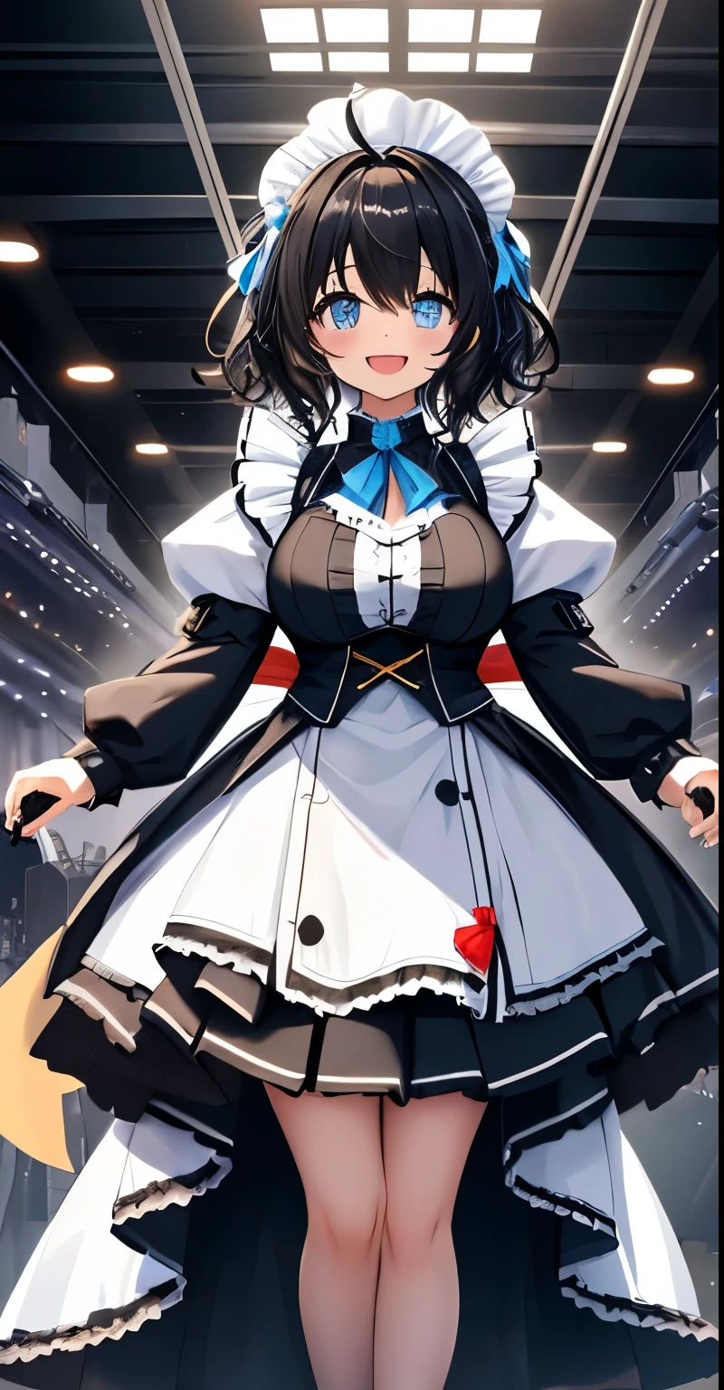 on lap,((((upright)))), ((((stand up)))), looking at the viewer, simple background、white background, 1 girl, open your mouth, smile, Virtual YouTuber、with a girl、((highest quality, expensive_solve, clear_image)),(black hair), (black cat ears), (Ahoge), (ridiculously short hair), (wavy hair), (blue eyes),、laughter、very big breasts、((concept art))、((front))。Dressed in maid clothes。character sheet