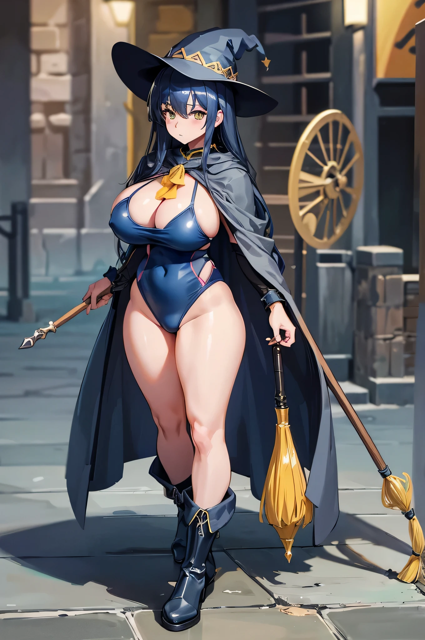 4K,High resolution,one woman,dark blue hair,long hair,yellow eyes,wizard,big breasts,gray tight school swimsuit,Grey boots,Gray cloak,Gray hat,wooden cane,medieval town