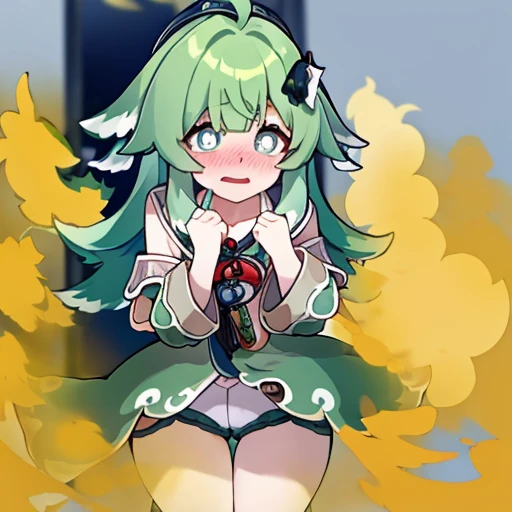 Highest image quality、(master piece:1.2)、detailed、Huo Huo、1 girl、solo、green hair、fart、Are standing、green eyes、brown shorts、Shy personality、scared、pale tail、Gas comes out of the butt、lots of gas、blush、shyness、stick out your butt、Hold your buttocks with your hands