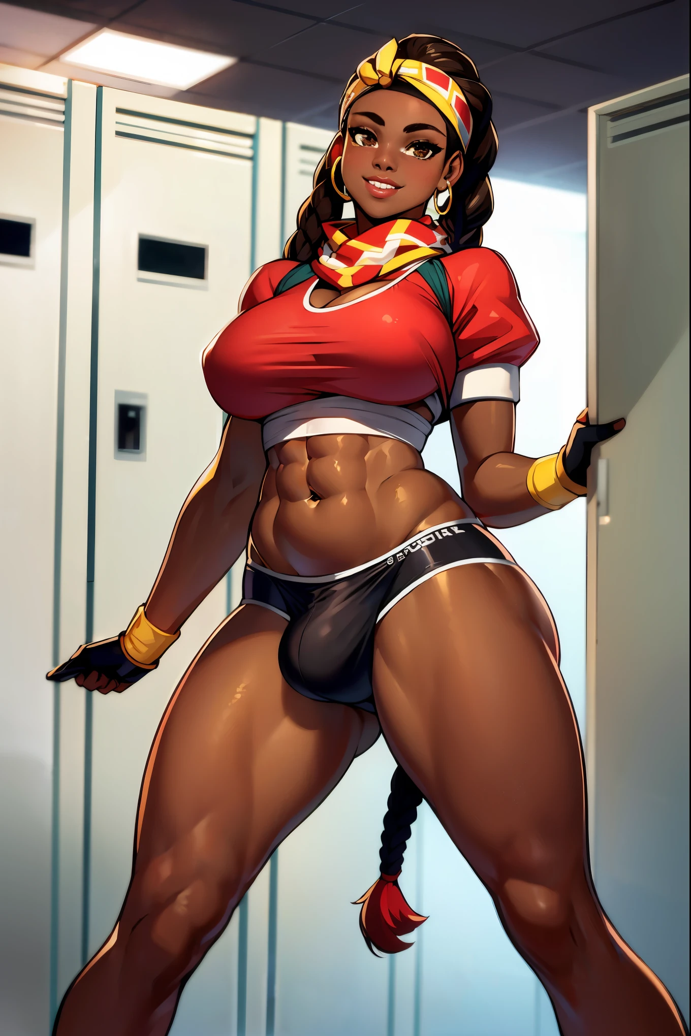 (solo:1.1),(masterpiece), (best quality:1.3), ultra detailed, intricate, professional art, digital art, absurdres, Kimberly, 1girl, solo, black hair, braided hair, long braids, two tone hair, slender body type, head proportionately sized to body, long legs, abs, full lips, beestung lips, African American, dark brown eyes, gold hoop earrings, smile, hair tie, dark brown skin, (dark brown skin:1.4), red underpants, Boxer Briefs, red short sleeved crop top, puffy sleeves, fingerless gloves, bandana scarf, medium breasts, wide hips, thick thighs, full lips, futanari, detailed thighs, genitalia outline on clothing, male genitalia, huge bulge, detailed male genitalia outline, erection under clothes, huge crotch bulge, detailed genitalia outline, BREAK, locker room, standing pose, BREAK frontal view, universal lighting, BREAK