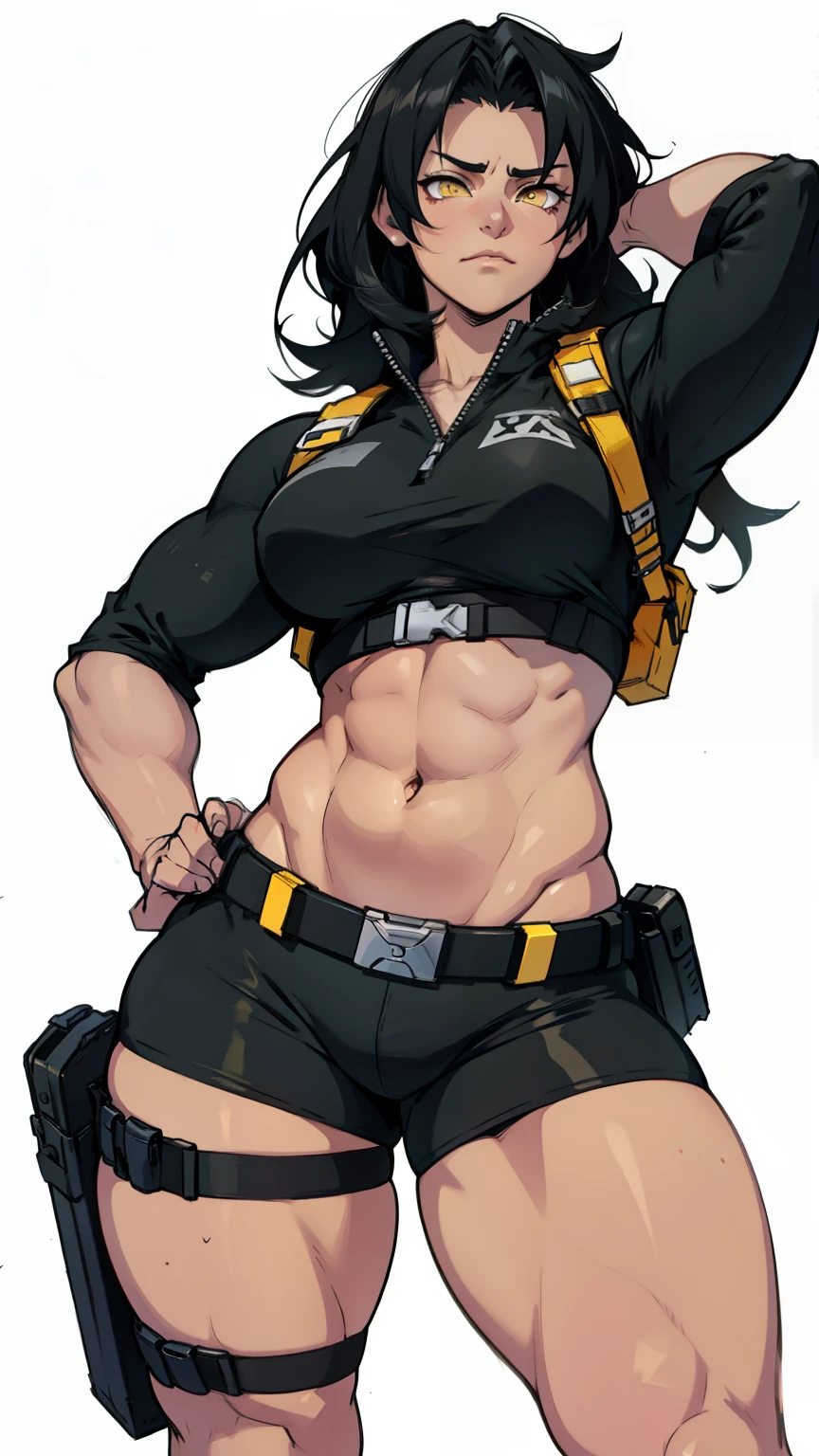 muscular girl thick black hair yellow eyes pale sad holster thick