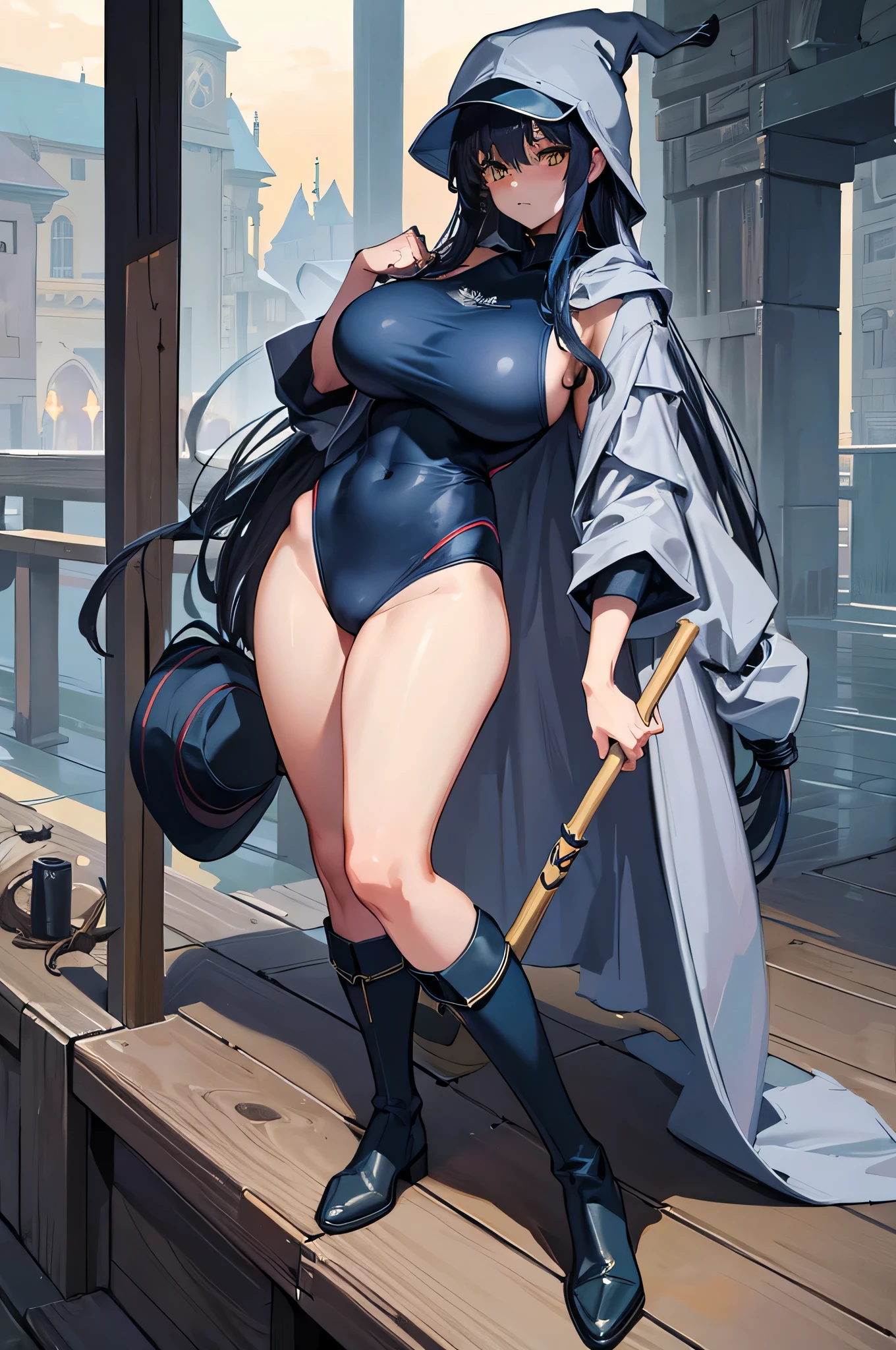 4K,High resolution,one woman,dark blue hair,long hair,yellow eyes,wizard,big breasts,gray tight school swimsuit,Grey boots,Gray cloak,Gray hat,wooden cane,medieval town