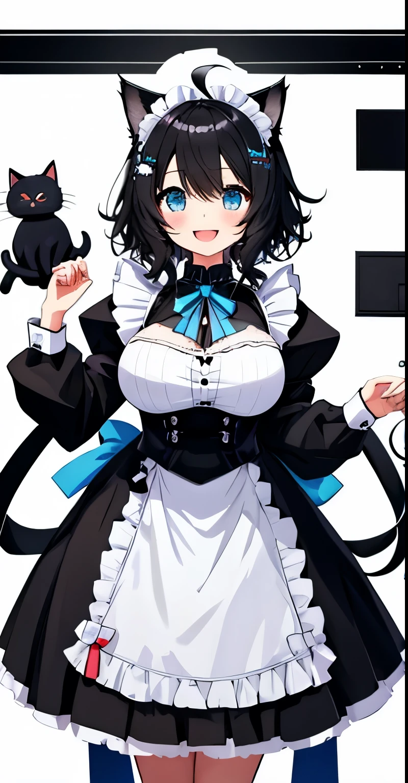 on lap,((((upright)))), ((((stand up)))), looking at the viewer, simple background、white background, 1 girl, open your mouth, smile, Virtual YouTuber、with a girl、((highest quality, expensive_solve, clear_image)),(black hair), (black cat ears), (Ahoge), (ridiculously short hair), (wavy hair), (blue eyes),、laughter、very big breasts、((concept art))、((front))。Dressed in maid clothes。character sheet