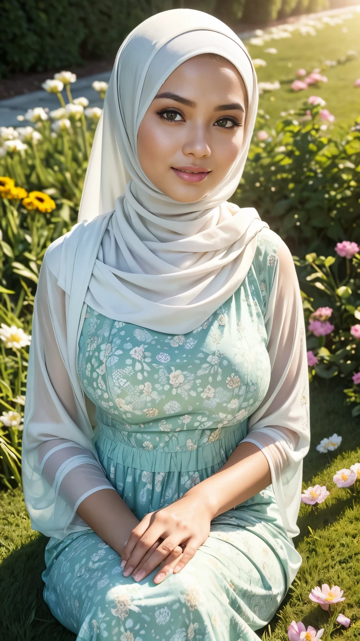 RAW, Best quality, high resolution, masterpiece: 1.3), beautiful Malay woman in hijab, Masterpiece, perfect fit body, (Beautiful eyes big breasts, Soft smile, wearing a smooth turtleneck patterned sundress, sitting on the green grass in the flower garden, in the morning day , Excellent lighting, Bright colors, Clean lines