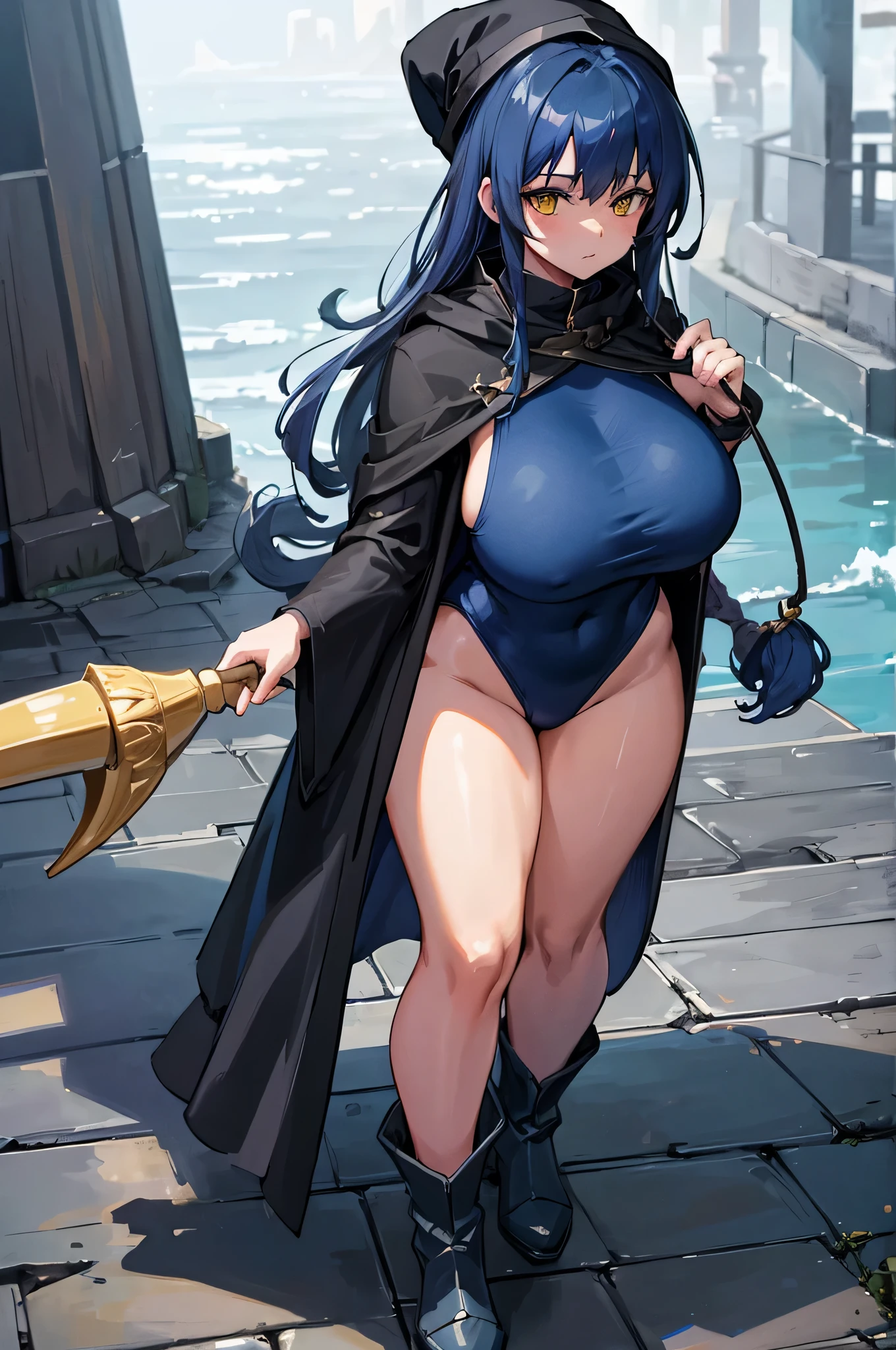 4K,High resolution,one woman,dark blue hair,long hair,yellow eyes,wizard,big breasts,gray tight school swimsuit,Grey boots,Gray cloak,Gray hat,wooden cane,medieval town