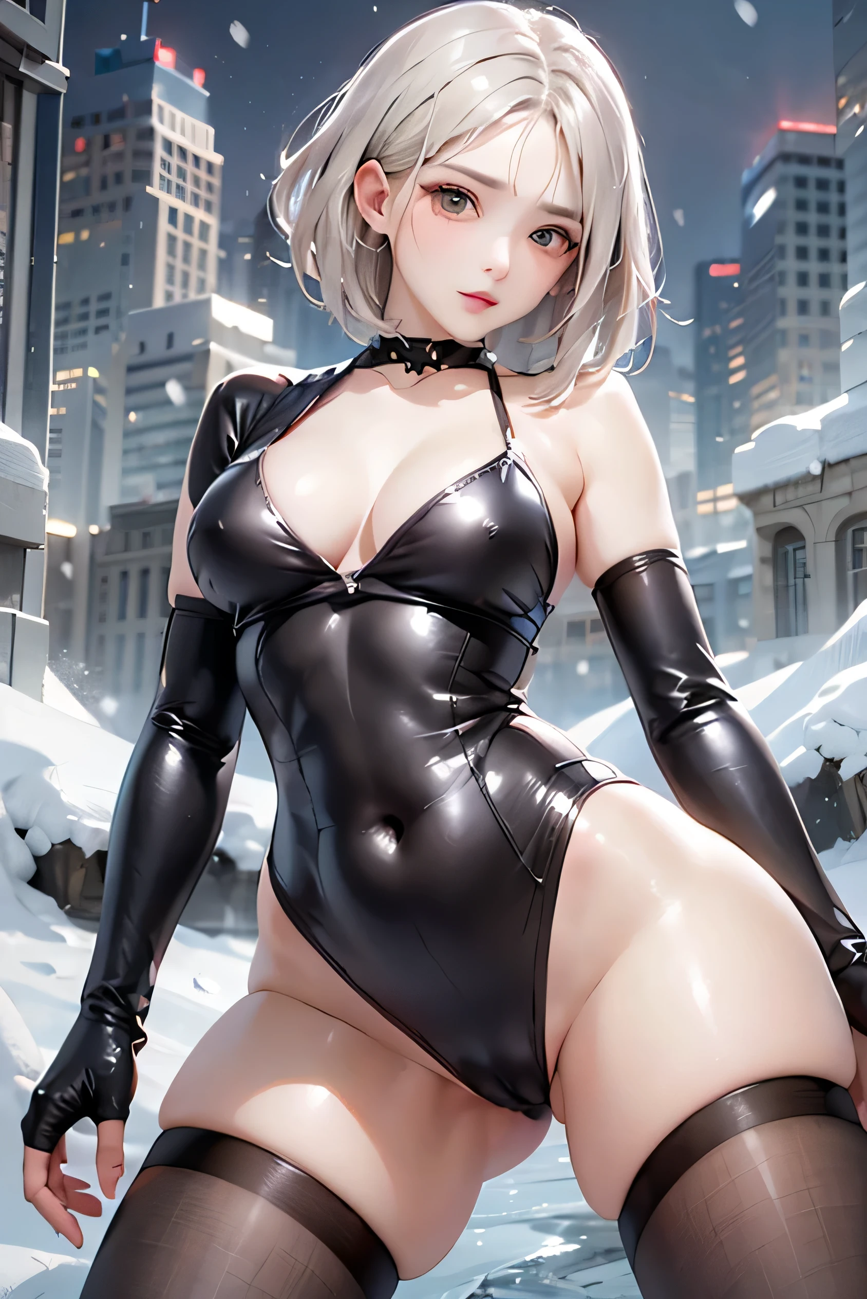 (photorealistic:1.3, highest quality:1.3,8Kmasterpiece, masterpiece:1.3,High resolution,muste piece:1.2),23 year old woman,solo,bondage fashion,(NIKKE), (brown skin,shiny bodysuit,choker, tights,boots)、(Photo seen from below:1.2)、(looking at the camera:1.2)、(short hair:1.2、bright blonde:1.5)、(blushing:1.3,smile:1.1)、(Bold pose with legs spread、dynamic pose:1.2),background(snow scene:1.3, ruins:1.3),(Nipples visible through clothing),(genitals visible through clothing),(Butt visible through clothes),(slender, abs:1.2),(young skinny gravure idol, sophisticated gravure idol),(detailed perfect face), normal hands:1.5, normal fingers:1:5, normal feet:1.5,(cameltoe, camel's feet)