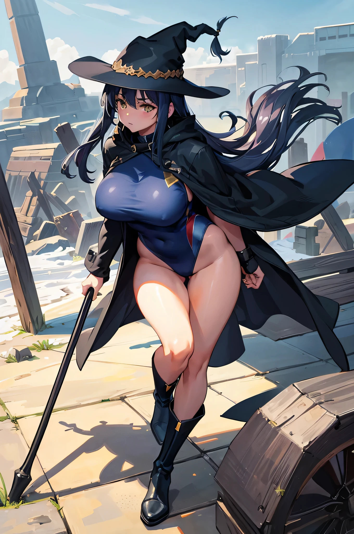 4K,High resolution,one woman,dark blue hair,long hair,yellow eyes,wizard,big breasts,gray tight school swimsuit,Grey boots,Gray cloak,Gray hat,wooden cane,medieval town