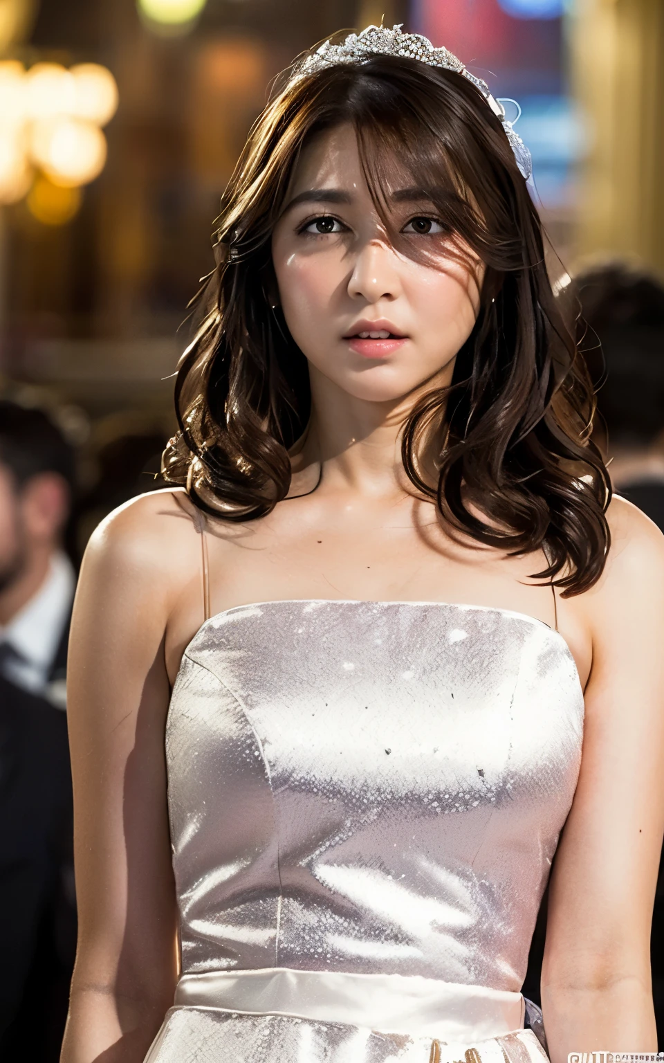Highly detailed CG Unity 8k wallpaper, top quality, super detailed, masterpiece, realistic, photorealistic, very detailed girl, (25 years old), blush, round eyes, semi-body shot, white wedding dress, (curtsey)