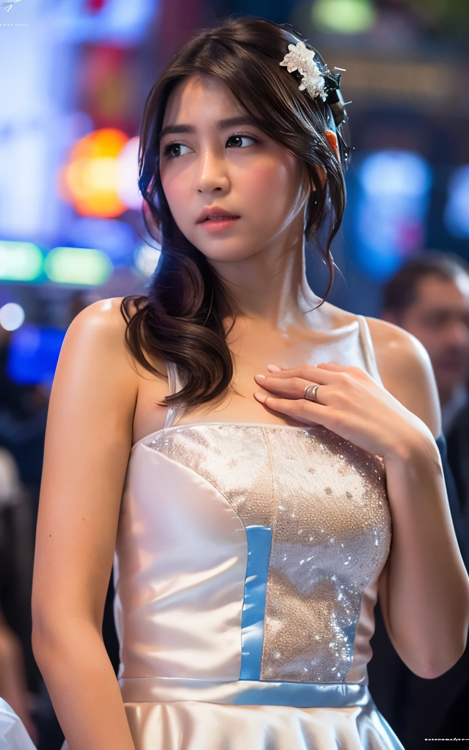 Highly detailed CG Unity 8k wallpaper, top quality, super detailed, masterpiece, realistic, photorealistic, very detailed girl, (25 years old), blush, round eyes, semi-body shot, white wedding dress, (curtsey)