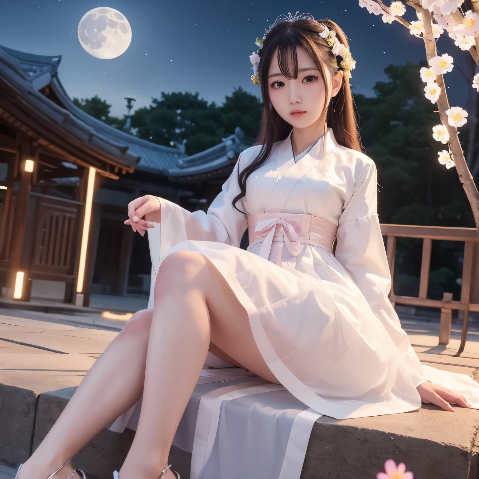 highest quality, expensive_solve, clear_image, detailed background ,girl, Hanbok,flower,garden,moon, night,dutch angle, wide shot, crown, Completely naked