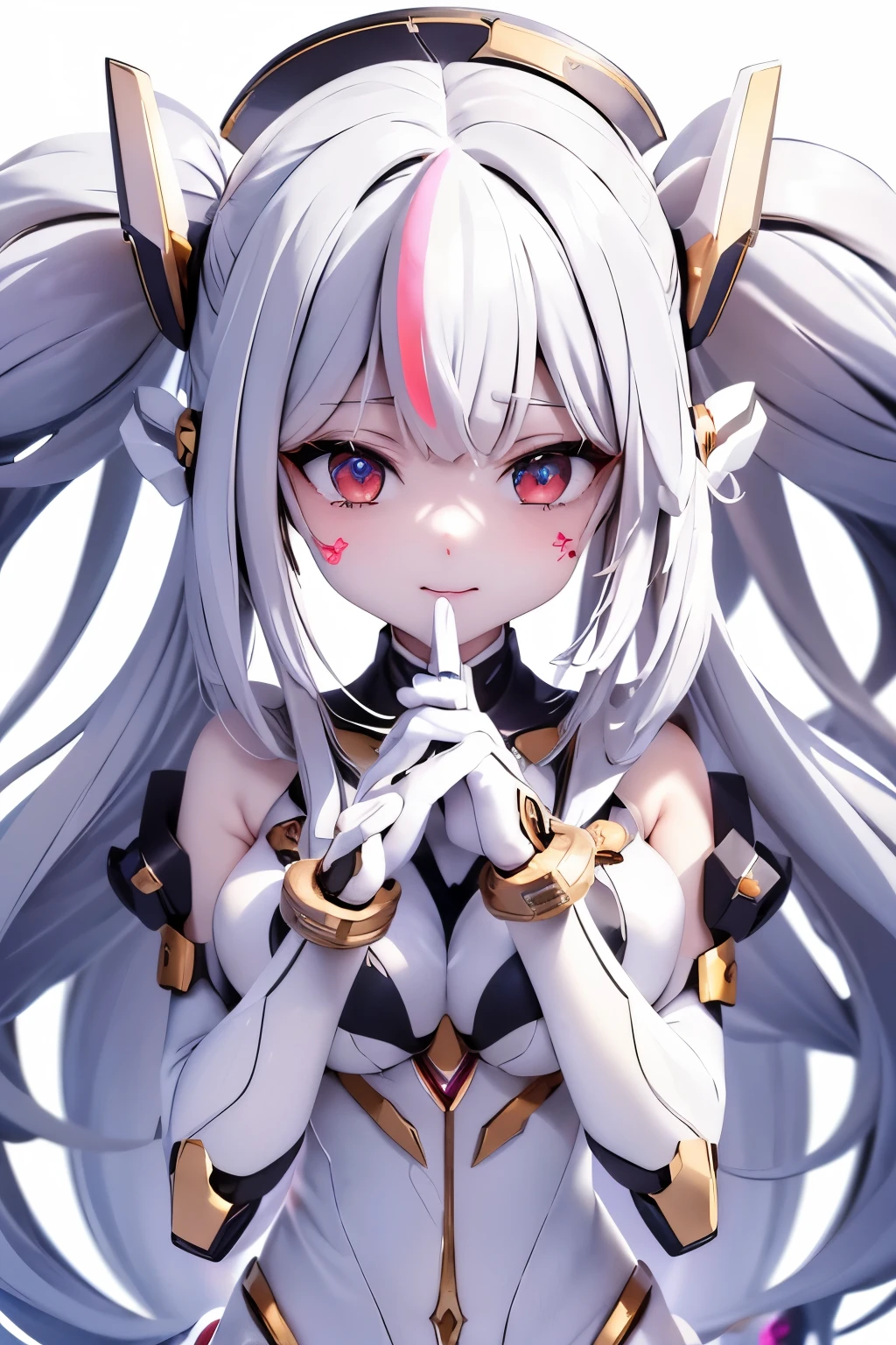(masterpiece: 1.4), (highest quality: 1.4),  (She is fused with futuristic Gundam mecha), (very cute girl, super detailed face, eyes like jewels, white very long hair, Colorful gradient hair: 1.4), Gundam style, with headgear, with v-fin ,, armored shoulders,armored under arms, armored under legs, mechanical wings, (whole body:1.5, perfect 2 arms, perfect 2 legs: 1.4), (perfect four fingers: 1 thumb), light, shine, Bokeh, super fine