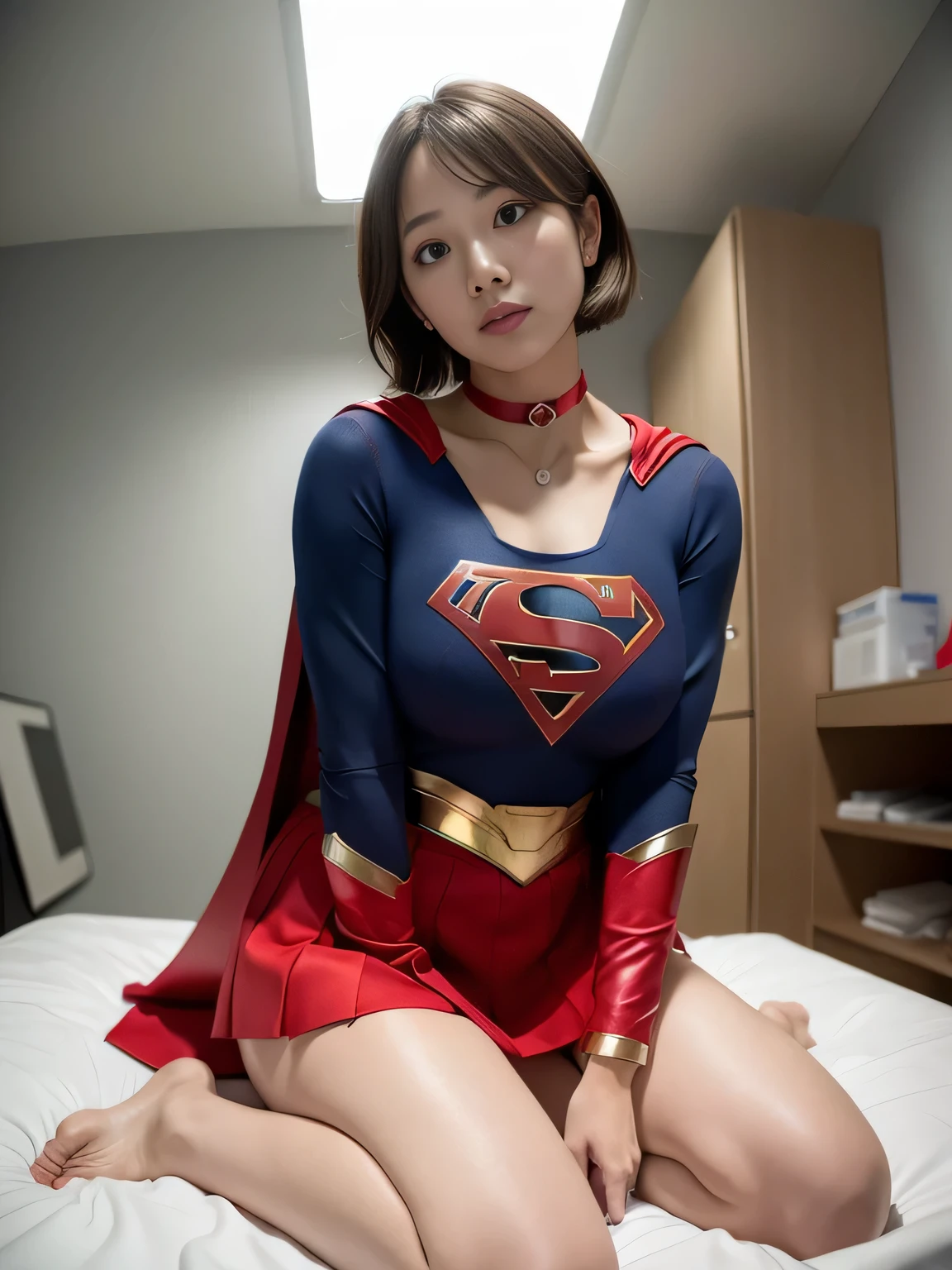 masterpiece,Supergirl costumes, short hair, barefoot, big and full breasts,operating room、operating table、straddle、corrupted、shiny、look at the camera、provocation、Estrus、choker、long sleeve、red mini skirt