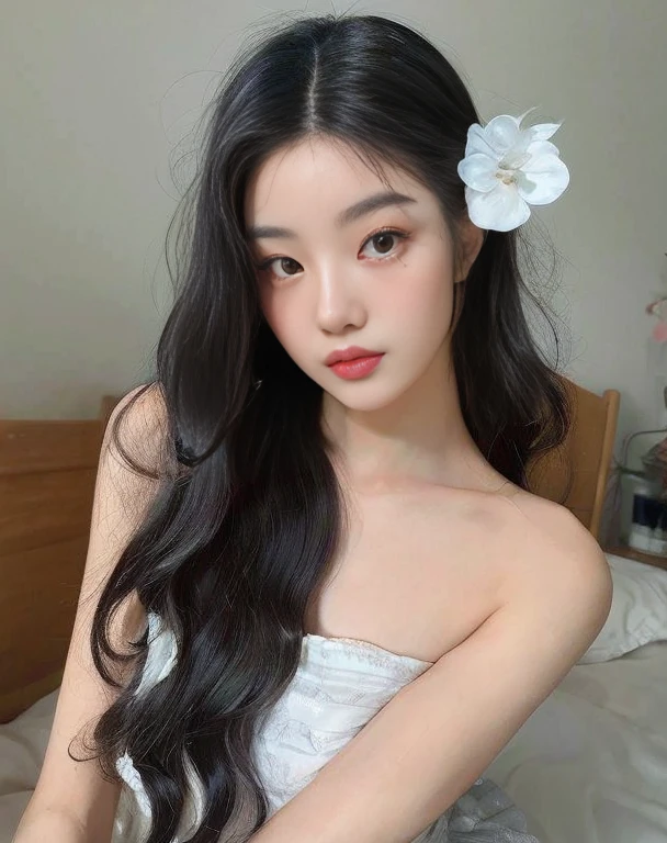 There is a woman with long hair and a flower in her hair, Beautiful menina Asian, características Asians, Mulher sul-Coreano bonita, mulher Coreano jovem bonita, linda mulher Coreano jovem,  Coreano, linda mulher Asian,  Asian with long hair, young pale and beautiful asian face, beautiful chinese model,  Asian, Ulzzang, uma jovem Asian, beautiful aesthetic face