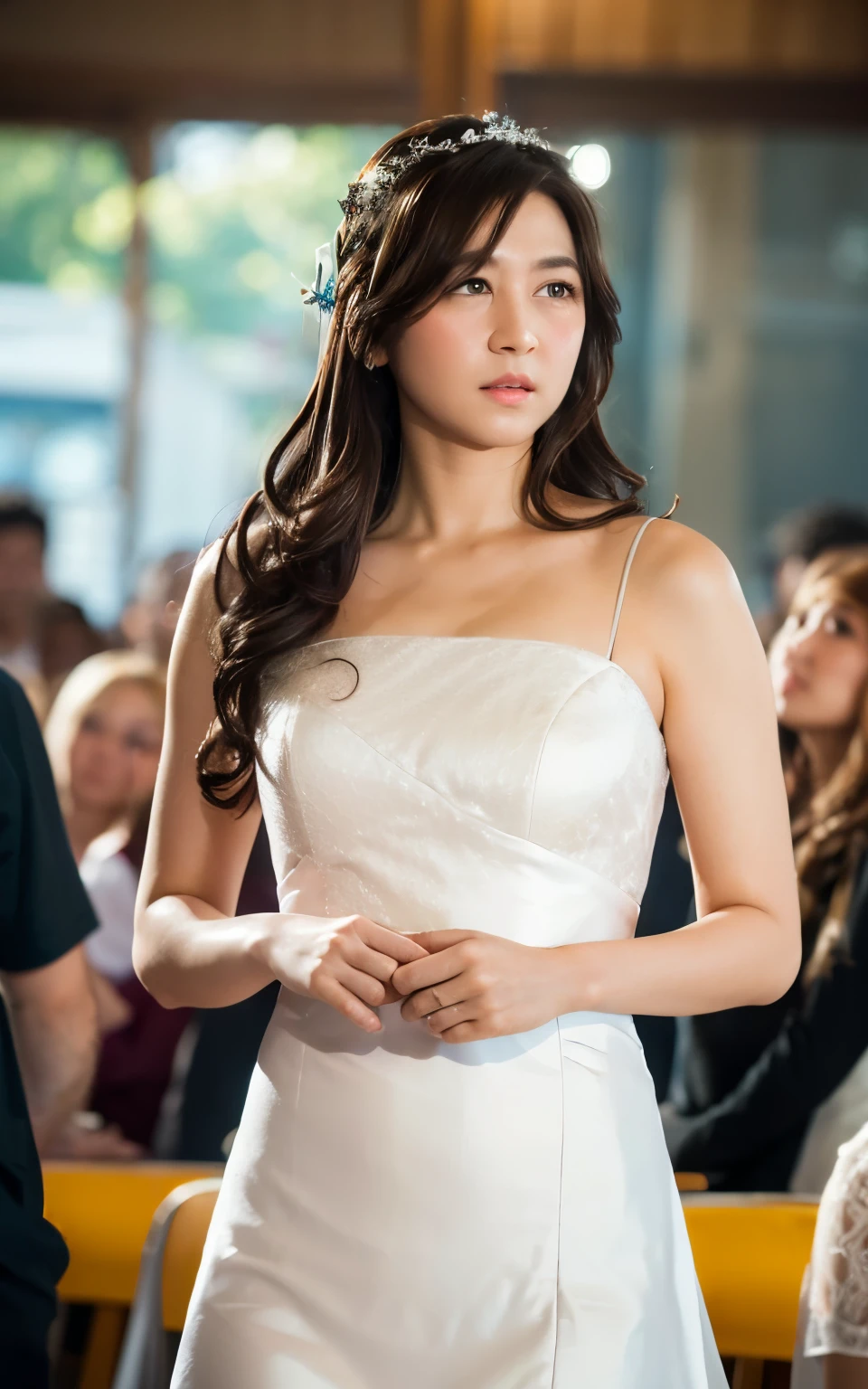 Highly detailed CG Unity 8k wallpaper, top quality, super detailed, masterpiece, realistic, photorealistic, very detailed girl, (25 years old), blush, round eyes, semi-body shot, white wedding dress, (curtsey)