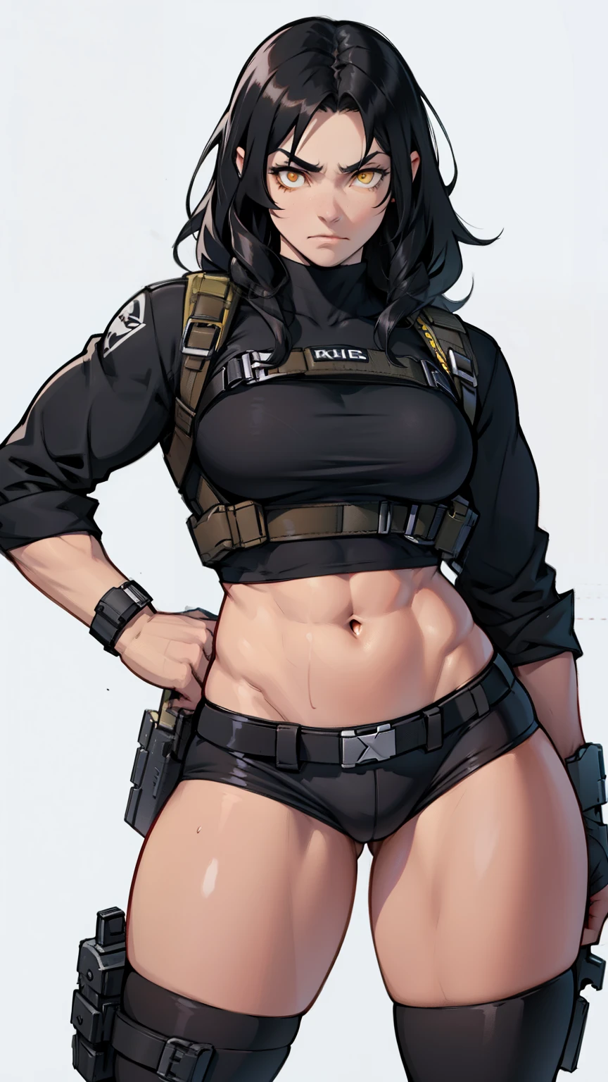 muscular girl thick black hair yellow eyes pale sad weapon holster thick weapon holster