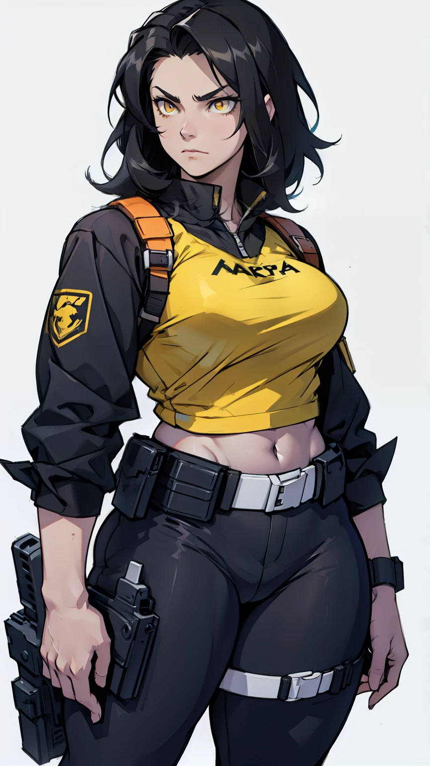 muscular girl thick black hair yellow eyes pale sad gun holster thick