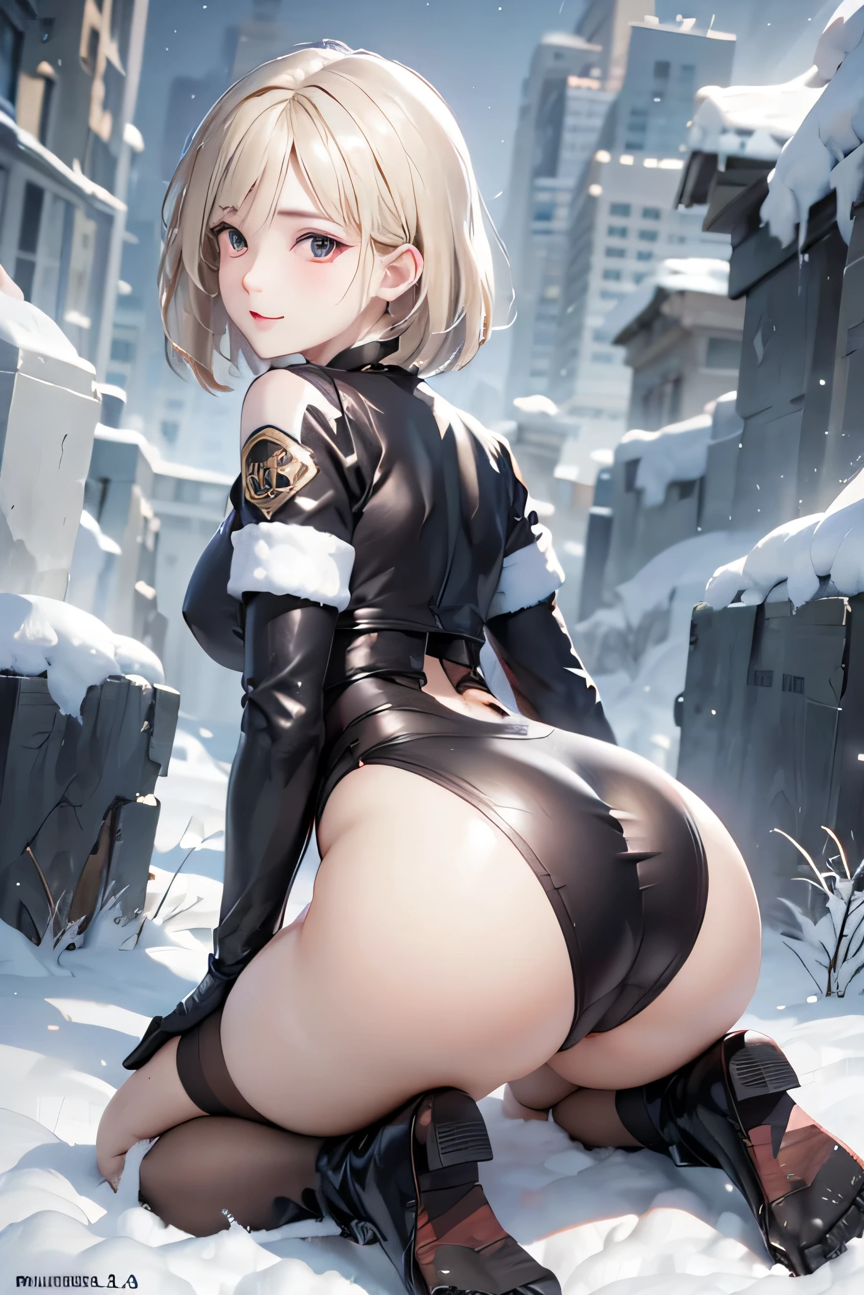 (photorealistic:1.3, highest quality:1.3,8Kmasterpiece, masterpiece:1.3,High resolution,muste piece:1.2),23 year old woman,solo,bondage fashion,(NIKKE), (shiny bodysuit,choker, tights,Knee-high boots)、(Point your butt at the camera:1.3)、(Look away:1.1)、(short hair:1.2、bright blonde:1.5), (blushing:1.3,smile:1.3)、(look back:1.3), (Bold pose with legs spread, dynamic pose:1.2), background(snow scene:1.3, ruins:1.3),(Nipple protrusions visible through clothing),(Butt visible through clothes),(slender),(young skinny gravure idol, sophisticated gravure idol),(detailed perfect face), normal hands:1.5, normal fingers:1:5, normal feet:1.5,(cameltoe, camel's feet)