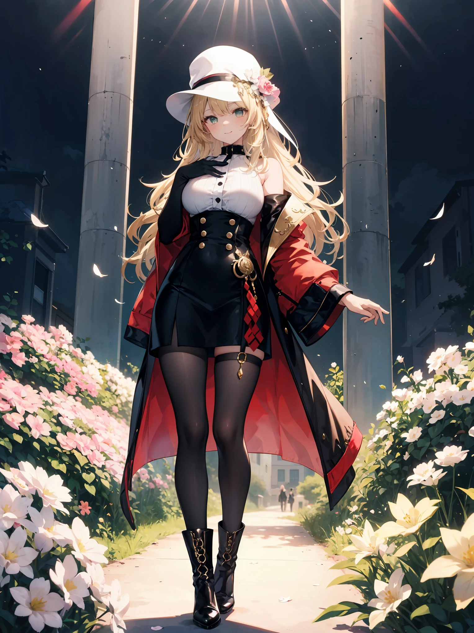 A full-body portrait of a young, cheerful woman with a light complexion. She has shoulder-length, wavy blonde hair and bright green eyes. She's wearing a stylish black blouse with long sleeves, adorned with gold chains and buttons. A plaid skirt in shades of red and black complements her outfit, along with black stockings and brown boots. The woman is standing in a field of large white flowers, under a bright sky filled with white clouds and streaming sunlight. The mood is idyllic and peaceful, capturing a moment of serene happiness., standing with thighs spread to the left and right, smile, seductive genius, super detailed skin, (best lighting by famous artists: 1.2), 8K, (performance of charming poses by famous masters) Instructions: 1.4),