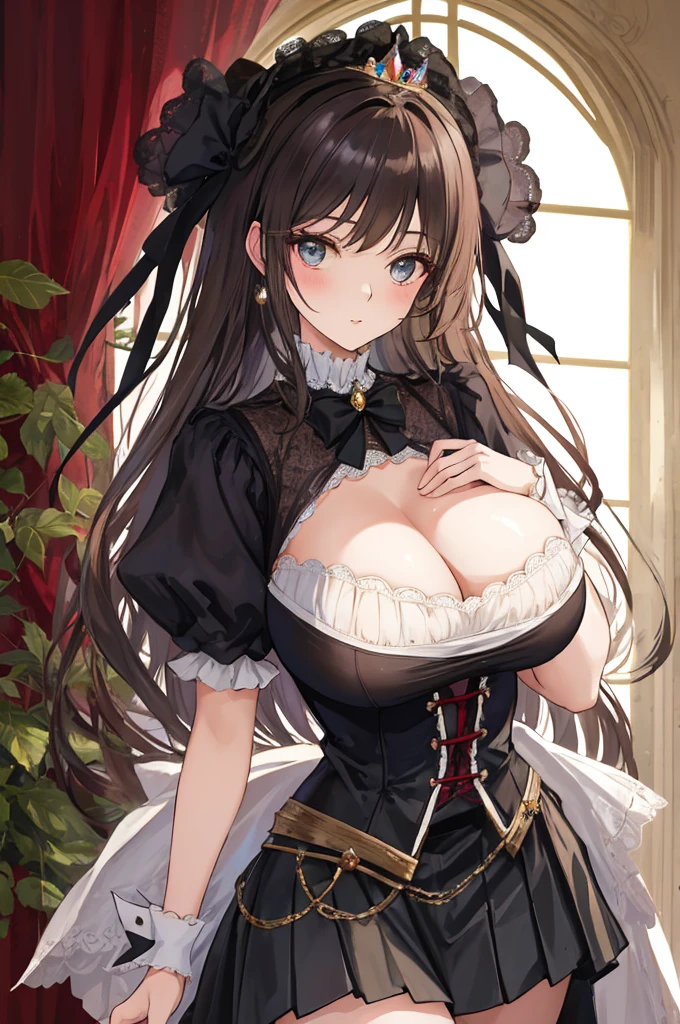 A woman with big ,Young princess,victorian style,Expose the lower chest,full of,short skirt,