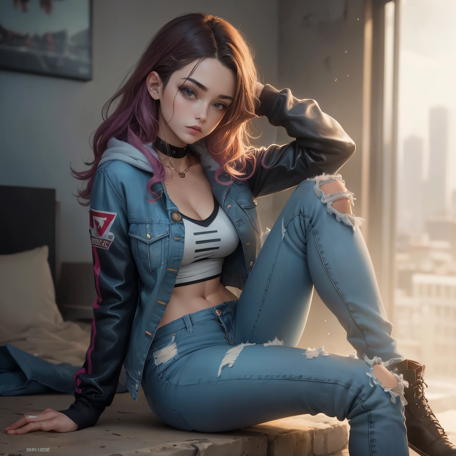 uma pintura de uma  de anime loira em jeans e uma jaqueta, no estilo de quadrinhos vibrantes, 32k Uhd, Rough look, intenso, marvel comics --ar 63:128 --Stylize 750 --v 6
