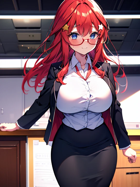 , , mksks style, detailed background, 1 girl, alone, Itsuki Nakano, elder, mature woman, star hair ornament, long hair, redhead, choke, bangs, hair amazing eyes, Braid, blue eyes, big breasts , OL, red glasses, Fundo, black suit jacket, collared jacket, white dress shirt, collared shirt, neckline, button, strap, ID card on neck, black pencil skirt, black pantyhose, smile, blush, looking at the viewer,throw(from below), fascinating, pulpit,classroom,interior, ((sweat blush, big breasts, Medium waist, wide hips, Middle legs, good anatomy、good hand