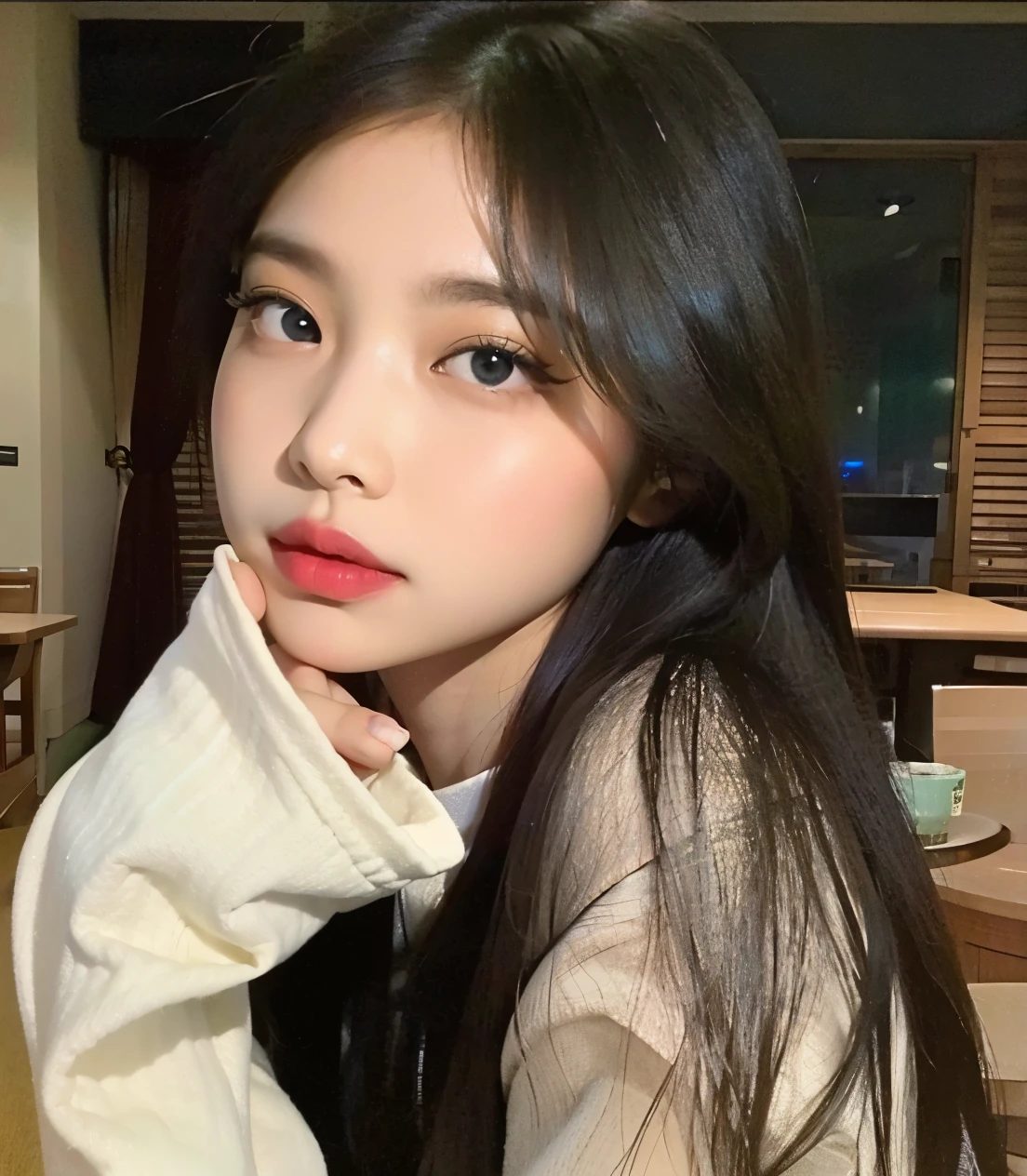 there is a woman with long hair posing for a picture, young lovely korean face,  coreana, young pale and beautiful asian face, adorable and pale korean face, Ulzzang, linda mulher sul-coreana, south east asian com rosto redondo, Korean facial features, linda jovem coreana, linda jovem coreana, com rosto redondo, belo rosto redondo, beautiful aesthetic face