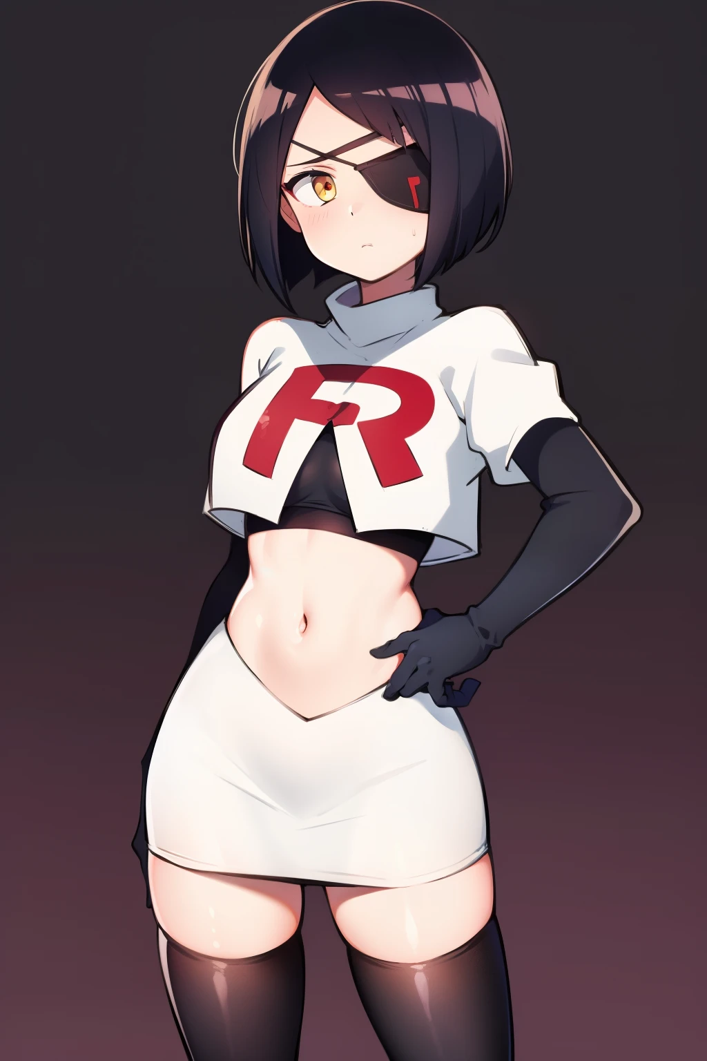 one girl, anime style, black hair, short hair, white eye patch, eye patch, medical eye patch, golden eye colour, shy, high detail, sharp image, face, team rocket,team rocket uniform,white skirt,crop top,black thigh-highs,black elbow gloves
