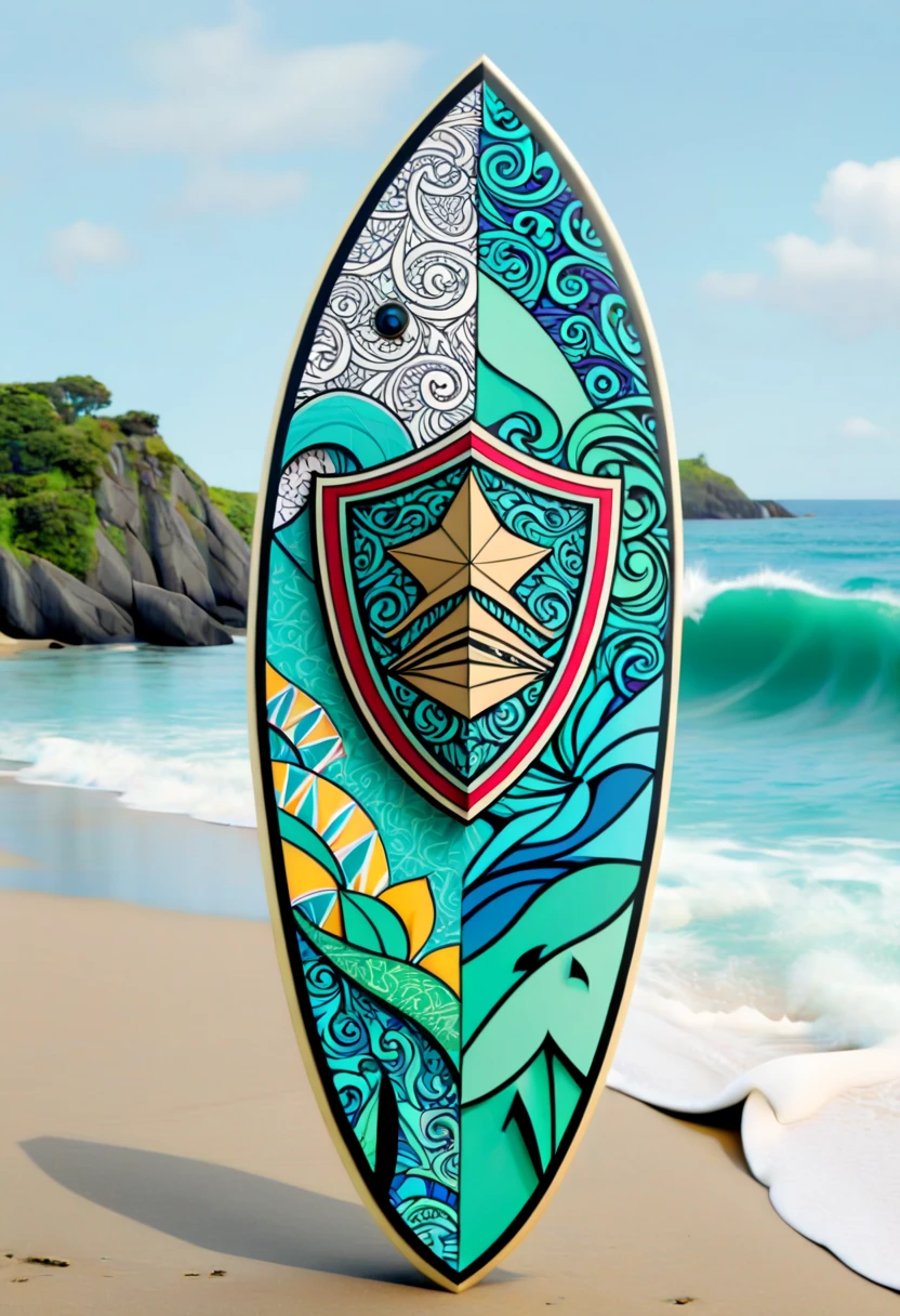 a surfboard with a shield drawn on the bottom where it says, "seaart". (best quality,4k,highres),zentangle art,surfboard,origami,a surfboard with a shield drawn on the bottom where it says, "seaart",detailed patterns,dark color palette,creative lighting,sharp focus,line art,fine details,vibrant colors,abstract representation,beach scene,water waves,summer vibes,relaxing atmosphere,crisp edges,artistic composition,contrast of textures,stylized elements,hand-drawn feel,natural elements,beautiful craftsmanship,impressive intricacy,unique design,inspired by nature,artistic expression,harmonious balance,wave-inspired motifs,abstract and symbolic elements, a surfboard with a shield drawn on the bottom where it says, "seaart"