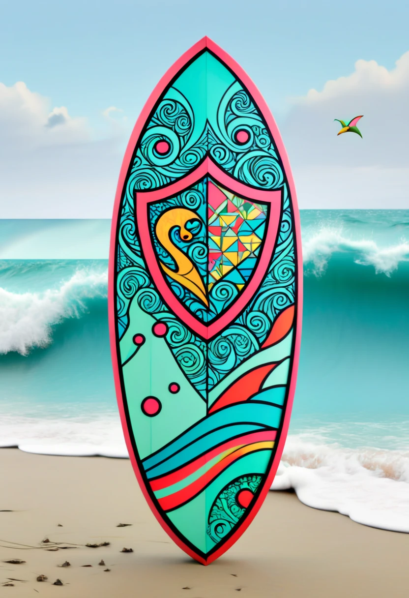 a surfboard with a shield drawn on the bottom where it says, "seaart". (best quality,4k,highres),zentangle art,surfboard,origami,a surfboard with a shield drawn on the bottom where it says, "seaart",detailed patterns,dark color palette,creative lighting,sharp focus,line art,fine details,vibrant colors,abstract representation,beach scene,water waves,summer vibes,relaxing atmosphere,crisp edges,artistic composition,contrast of textures,stylized elements,hand-drawn feel,natural elements,beautiful craftsmanship,impressive intricacy,unique design,inspired by nature,artistic expression,harmonious balance,wave-inspired motifs,abstract and symbolic elements, a surfboard with a shield drawn on the bottom where it says, "seaart"