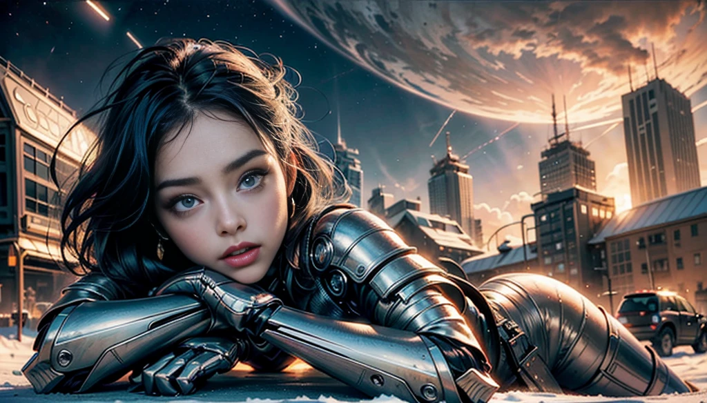 realistic visual effects，attractive beautiful，dramatic contrast，Gentle lighting，Delicate warmth，the soft light，hyper HD， Extremely colorful，best qualityer，perfect female shape，HighDynamicRange，long eyelasher，Unbeatable masterpiece，Snow-whiteskin，putting makeup on， Sexy goddess，Large metal mechanical gears，Strange sky，8K high quality，A pair of big eyes are beautiful and moving，White skin，Makeup，Sexy outfit， 【Background with】Large gold gear，Doomsday ruins，Giant tornado，The setting sun burns the clouds，Multiple planets，The end of the world，Multiple planets，Mards，Jupiter，Lightning Thunder， Mercury，Strange sky，Giant tornado，Blue light，salama，Large flying machines，Cool car，Time Tunnel，nuclear power plant，Futuristic car，Cool headlights