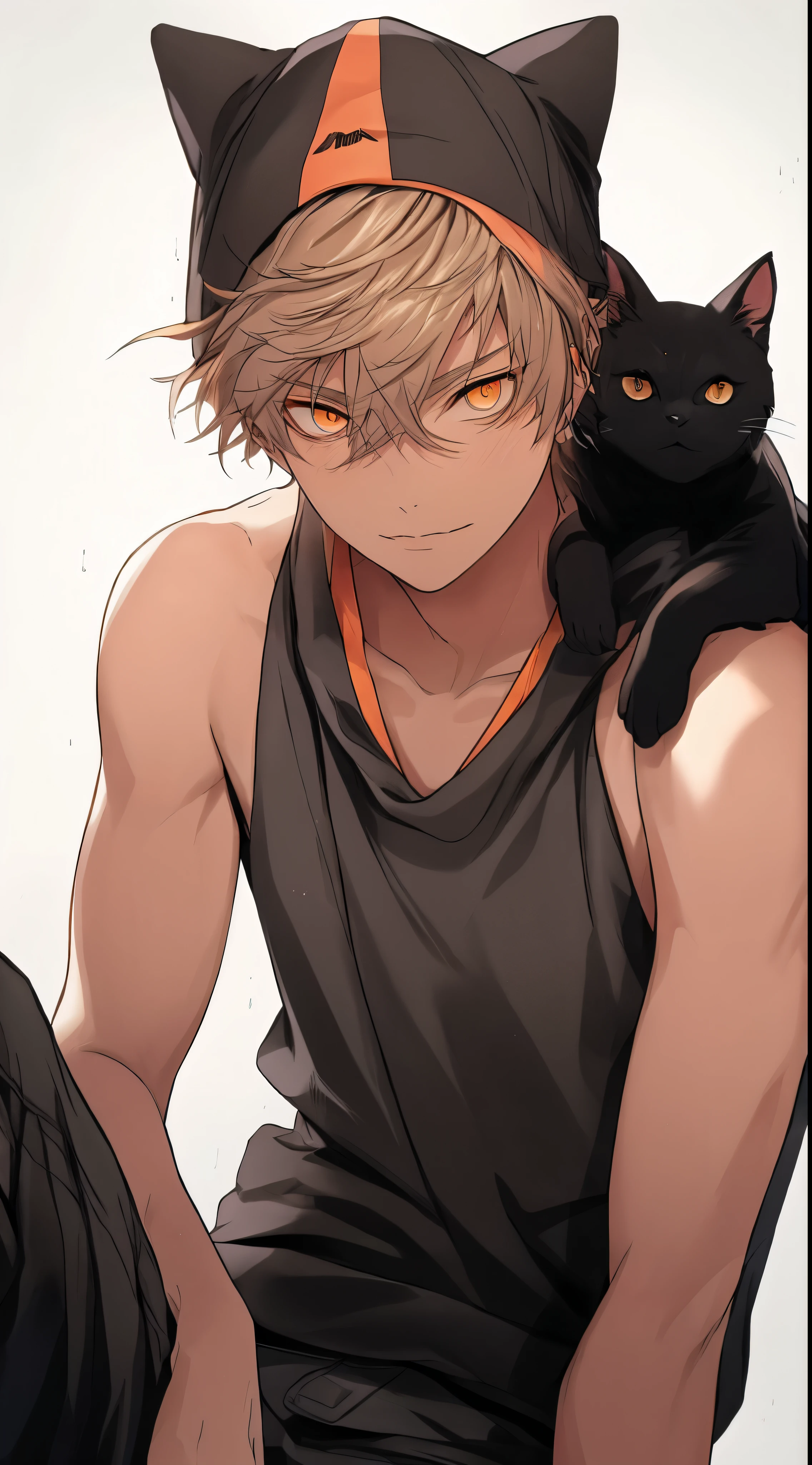 beautiful young man, blonde, short hair, orange eyes, black tank top, cool eyes, long term , biceps, carrying a black cat on your shoulder, 