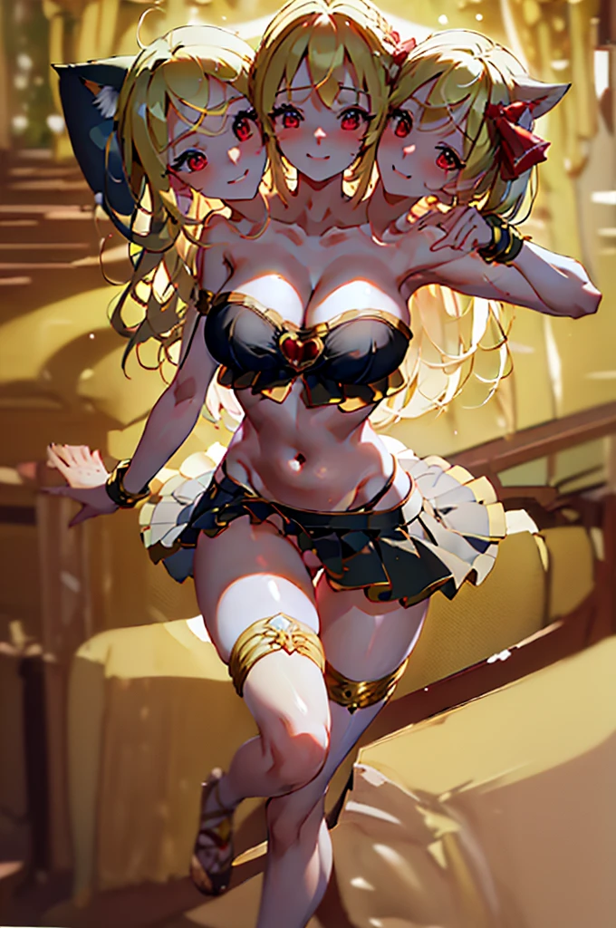 (masterpiece, best quality), best resolution, (ultra-detailed), (3heads:1.5), 1girl, (rumia:1.3), masterpiece, best quality, black top, crop top, ((stomach)), midriff, ((groin)), black skirt, normal ears, shackles, blonde hair, very long hair, wavy hair, sidelocks, red eyes, parted lips, single horn, sweat, cute, toned belly, hand on own chest, eyelashes, (23 year old woman:1.3), (masterpiece:1.4), (best quality:1.4), (beautiful detailed), extremely detailed CG, extremely delicate and beautiful, depth of field, (finely detailed face), (perfect details:1.1), (mature female:1.3), wide pelvis, slender, large veiny breast, 8k resolution, high quality, high definition, extremely detailed, masterpiece, best quality, blonde hair, long hair, alluring presence, braid, short skirt, close up, big tits, young, hair ribbon, red ribbon,