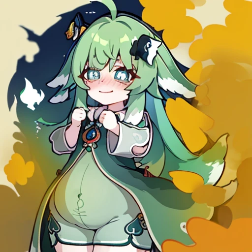 Highest image quality、(master piece:1.2)、detailed、Huo Huo、1 girl、solo、green hair、fart、Are standing、green eyes、brown shorts、Shy personality、scared、pale tail、Gas comes out of the butt、lots of gas、blush、shyness、swollen belly、Satisfied smile