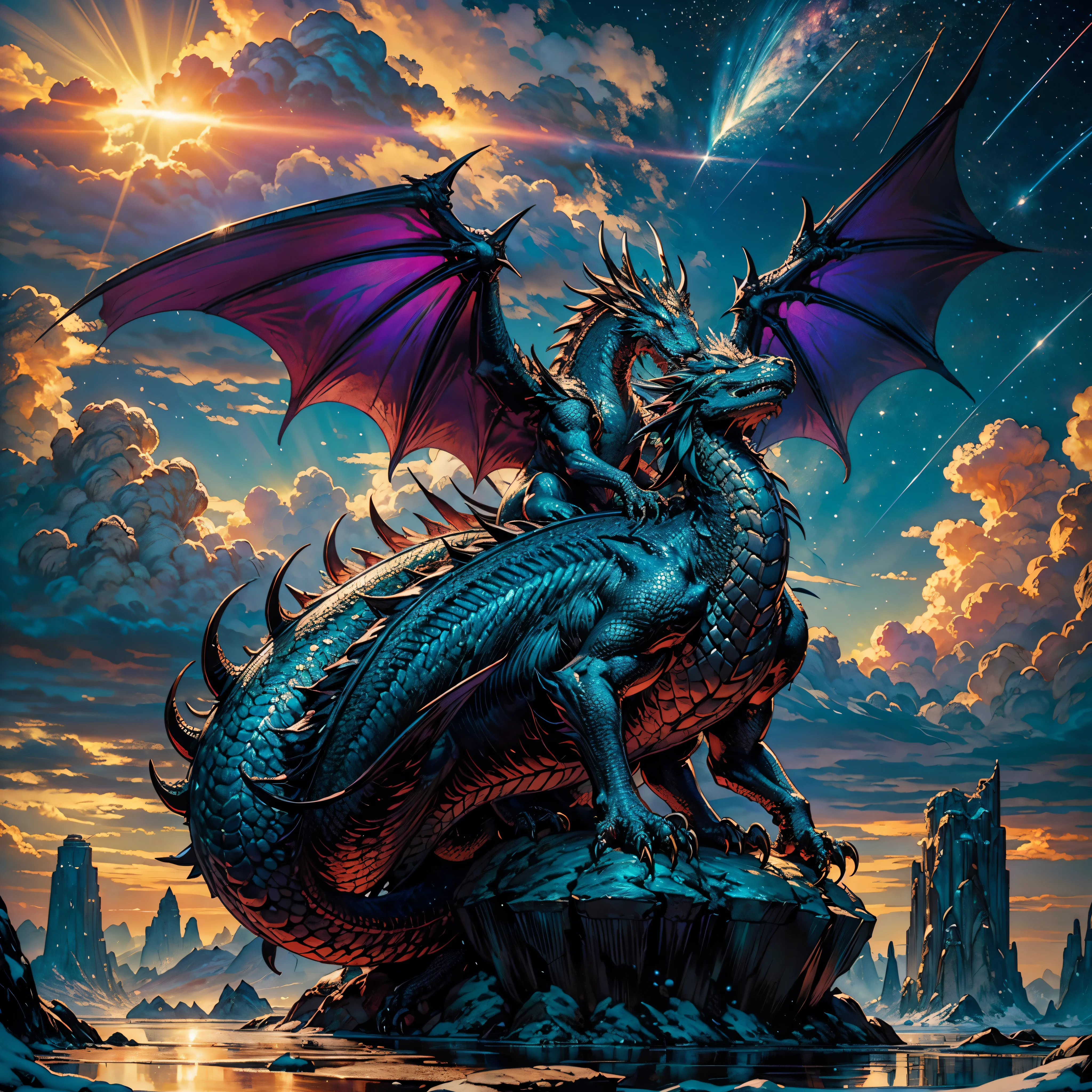 Galaxy nebulae stars nebula starry_sky sunset spacious sunrise panoramic sunshine 真实感, Dragon ultra dark fantasy style, John Tolkien style, by Jean-Baptiste Monge, the dragon hugs the beholder with its tail, winter, Snow is falling, huge snow falling, a huge white dragon hugs a beholder, large white dragon with golden crest, anatomically correctly drawn body, Looks like an ancient dragon, near , The city, megalopolis, city trail, Big glass skyscraper, Jean-Baptiste Monge, anthropomorphic masterpiece red dragon sitting on a massive rock deep path equirectangular_360 Lava, holding a hammer (strike hot anvil from a hammer: 1.5) (best details, Masterpiece, best quality :1.5), dragon_real cloudy skies background, an epic indigo dragon (best details, Masterpiece, best quality :1.5) extremely detailed dragon, horns, dragon_wings, dragon wings wide spread, ultra detailed face, sun rays, red divine rays, sun rays reflected in cloudest details, (ultra Masterpiece, best quality :1.5), sense of serenity sense of awe majestic atmosphere, ultra best realistic, best details, best quality, [ultra detailed], (extremely detailed), ultra wide shot, photorealism, depth of field, hyper realistic painting, Cinematic_Sunlight Gorgeous Masterpiece ultra UnrealEngine5 deep path equirectangular_360 global luminescence saturate volumetric lightning_contrast meticulously intricate ultra_high-details ultra_high-quality max ultra_high-def ultra_photo-realistic optimal ultra_high-res cgi vfx sfx accurate reflex vivid color-coded improved Octane-rendered UHD XT3 DSLR HDR romm rgb pbr 3dcg fxaa blay enhanced fkaa txaa rtx ssao opengl-shader glsl-shader post-processing post-production cell-shading tone-mapping shadow analogique ultra_sharpness focus symmetrical varied multi etc. --s 1000 --c 20 --q 20 --chaos 100