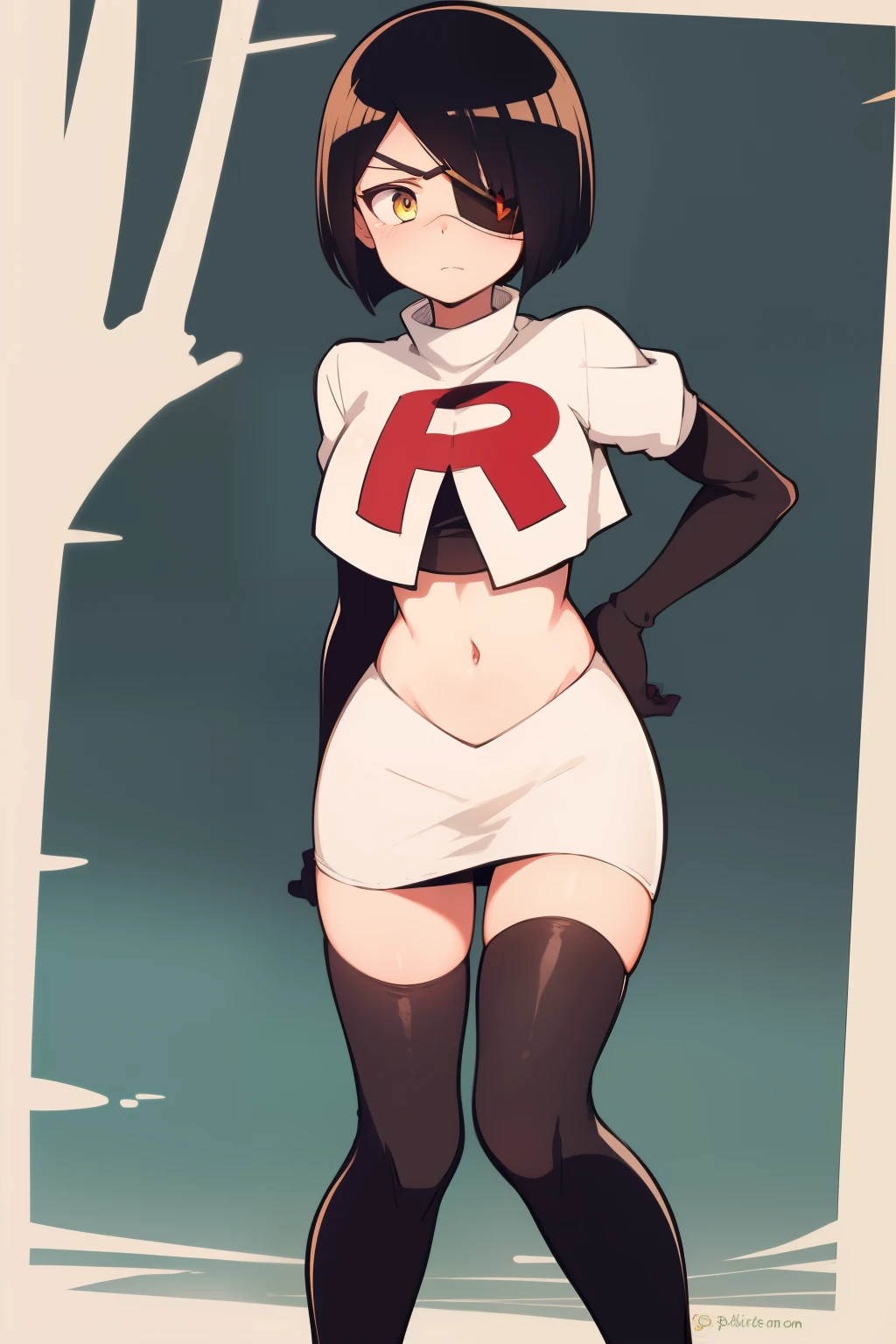 one girl, anime style, black hair, short hair, white eye patch, eye patch, medical eye patch, golden eye colour, shy, high detail, sharp image, face, team rocket,team rocket uniform,white skirt,crop top,black thigh-highs,black elbow gloves